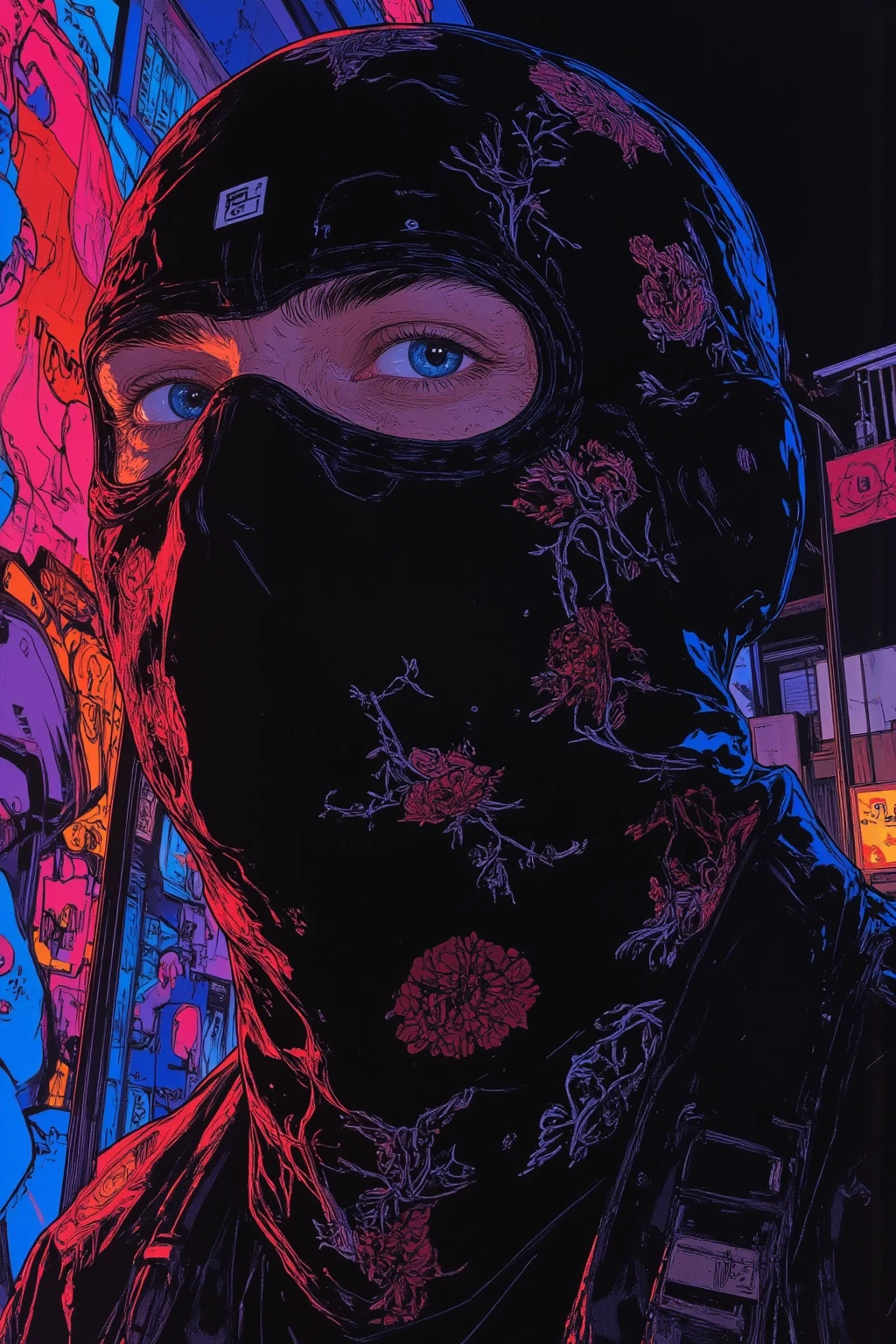 Spiritual art of a man graffiti artist at night in 壁の落書き , Balaclava that completely covers the face ,Street Gang Fashion,ager, Art of Rebellion Moving at Night ,graffitiのタグ付けと爆弾 ,urban art ,GTA's Fictional City Streets of San Andreas, Counter art , Level music ,Spray cans, Colorful Paint Graph , Balaclava that blends into the dark , Bandanas as Fashion Items , Move at night , Night of the Rebellious Man , Surreal and Colourful Fantasy Pop Art , dmt Death of Ego , Psychedelic and pop mix , graffiti, drawn on a black background,high resolution pop art ,8k,full color illustration , visionary art style , Detailed Artwork,anatomically accurate, So Unreal, Luminous graffiti ,