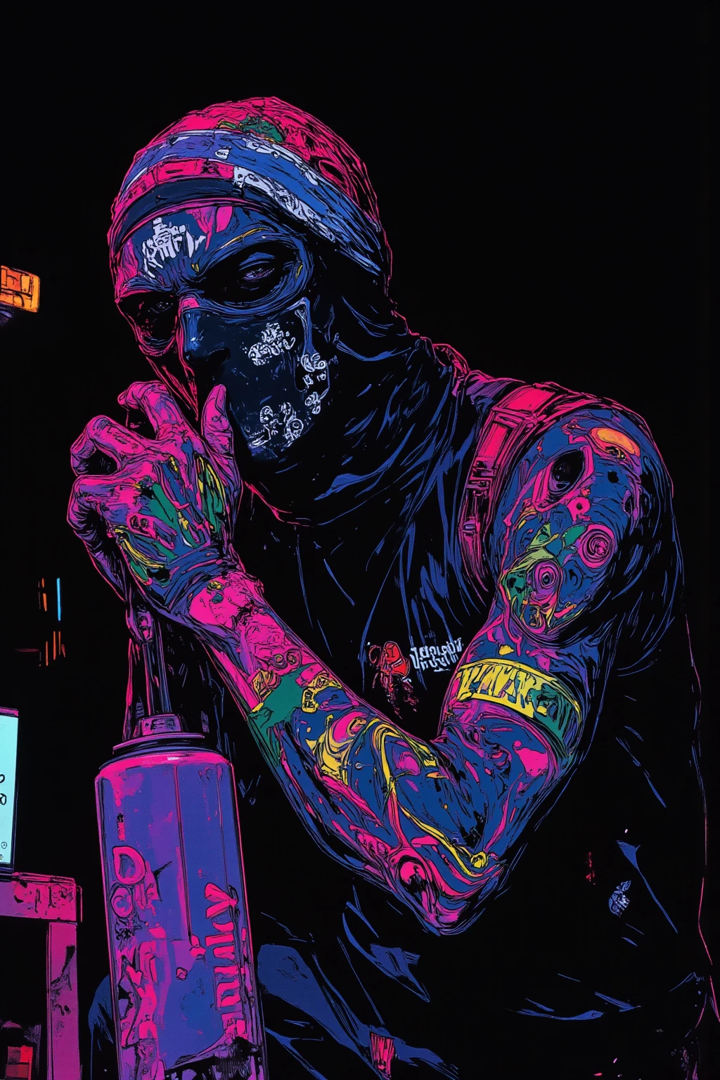 Spiritual art of a man graffiti artist at night in 壁の落書き , Balaclava that completely covers the face ,Street Gang Fashion,ager, Art of Rebellion Moving at Night ,graffitiのタグ付けと爆弾 ,urban art ,GTA's Fictional City Streets of San Andreas, Counter art , Level music ,Spray cans, Colorful Paint Graph , Balaclava that blends into the dark , Bandanas as Fashion Items , Move at night , Night of the Rebellious Man , Surreal and Colourful Fantasy Pop Art , dmt Death of Ego , Psychedelic and pop mix , graffiti, drawn on a black background,high resolution pop art ,8k,full color illustration , visionary art style , Detailed Artwork,anatomically accurate, So Unreal, Luminous graffiti ,