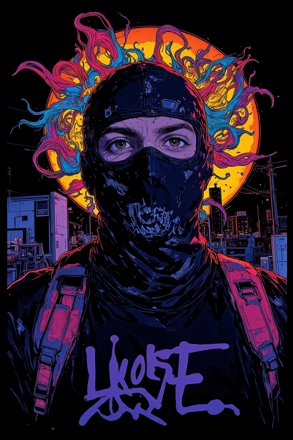 Spiritual art of a man graffiti artist at night in 壁の落書き , Balaclava that completely covers the face ,Street Gang Fashion,ager, Art of Rebellion Moving at Night ,graffitiのタグ付けと爆弾 ,urban art ,GTA's Fictional City Streets of San Andreas, Counter art , Level music ,Spray cans, Colorful Paint Graph , Balaclava that blends into the dark , Bandanas as Fashion Items , Move at night , Night of the Rebellious Man , Surreal and Colourful Fantasy Pop Art , dmt Death of Ego , Psychedelic and pop mix , graffiti, drawn on a black background,high resolution pop art ,8k,full color illustration , visionary art style , Detailed Artwork,anatomically accurate, So Unreal, Luminous graffiti ,