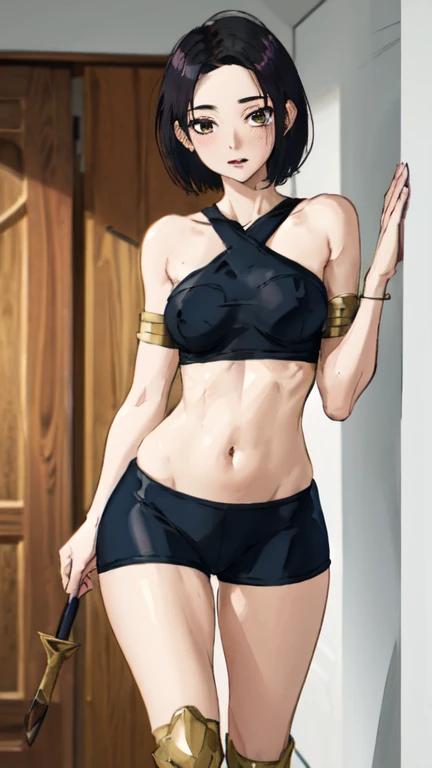 8K,master piece,Suguha Kirigaya,black short hair,beautiful face,(angry face:1.3),(clench one's teeth),dress,covered nipples,choker,breasts,leanbody,slim waist,