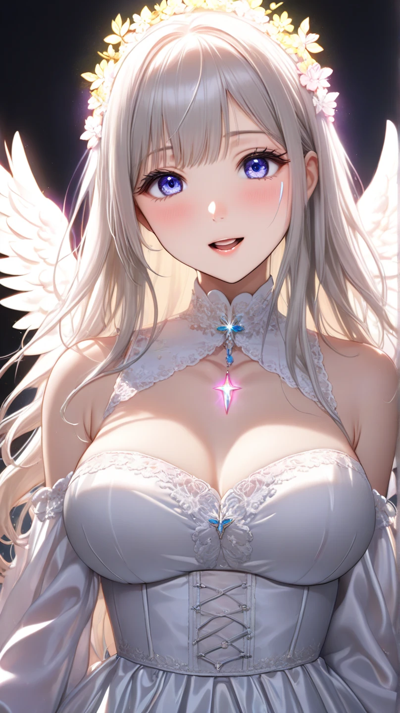 ((relaxed pose)) ((cute smile)) ((tan skin)) (()) (()) ((beautiful angel)) ((blue eyes)), ((dark eyeshadows make up)) ((red lips)) ((very long straight platinum blonde hair))((big breast:1.5)) ((slender body:1.3)) ((wears white dress with gold ornament)) ((neck jewerly, earrings)) ((white stocking)) ((flowers ornament on hair)) ((halo of light above head))((glowing magic sparks particles floating around))((with black sky background and white light reflectors on her)), ((high definition:1.5), ((masterpiece:1.5))((8k:1.5)) ((Best quality:1.4)), more_details:-1, more_details:0, more_details:0.5, more_details:1, more_details:1.5, more prism, vibrant color,more prism, vibrant color,