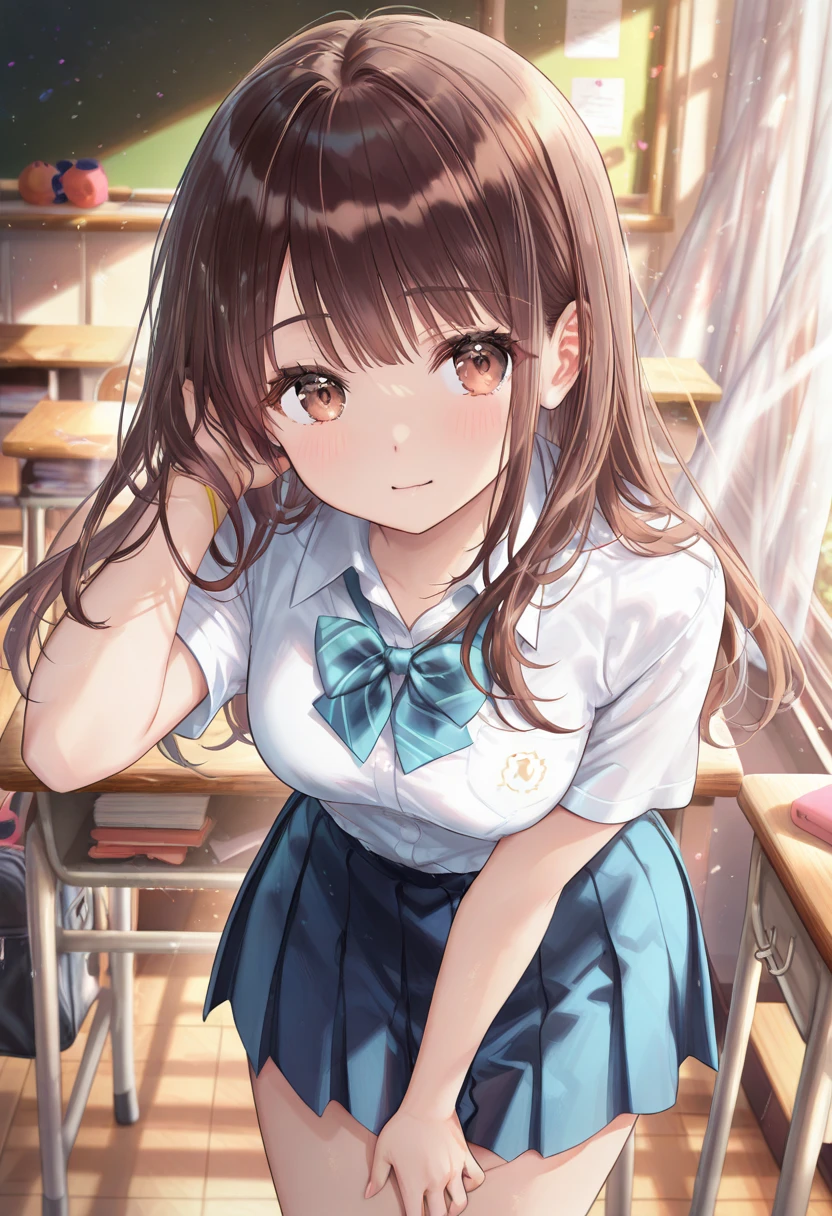 highest quality, (masterpiece:1.2), High resolution, perfect pixel, One so beautiful woman is standing, 16 years old, (((big very detailed beautiful dark brown eyes))), ((luxurious dress like a princess)), ((Very big and cute hair ribbon)), ((((very beautiful long straight straight hair)))), half up, ((Looking up at the viewer and smiling)), Very fun, Very happy, mouth is open, the skirt is so cute, detailed fingers, modest chest, ((curled bangs)), ((Lip balm)), so beautiful, long eyelashes, ((dress is photo realistic)), (((Touching your hair with your hands))), ((Showing viewers the beauty of straight hair)), ((very big girly hair ribbons)), ((Impressive and very beautiful eyes)), (((shot from above))), double eyelids, ((((Looking up at the viewer))))
