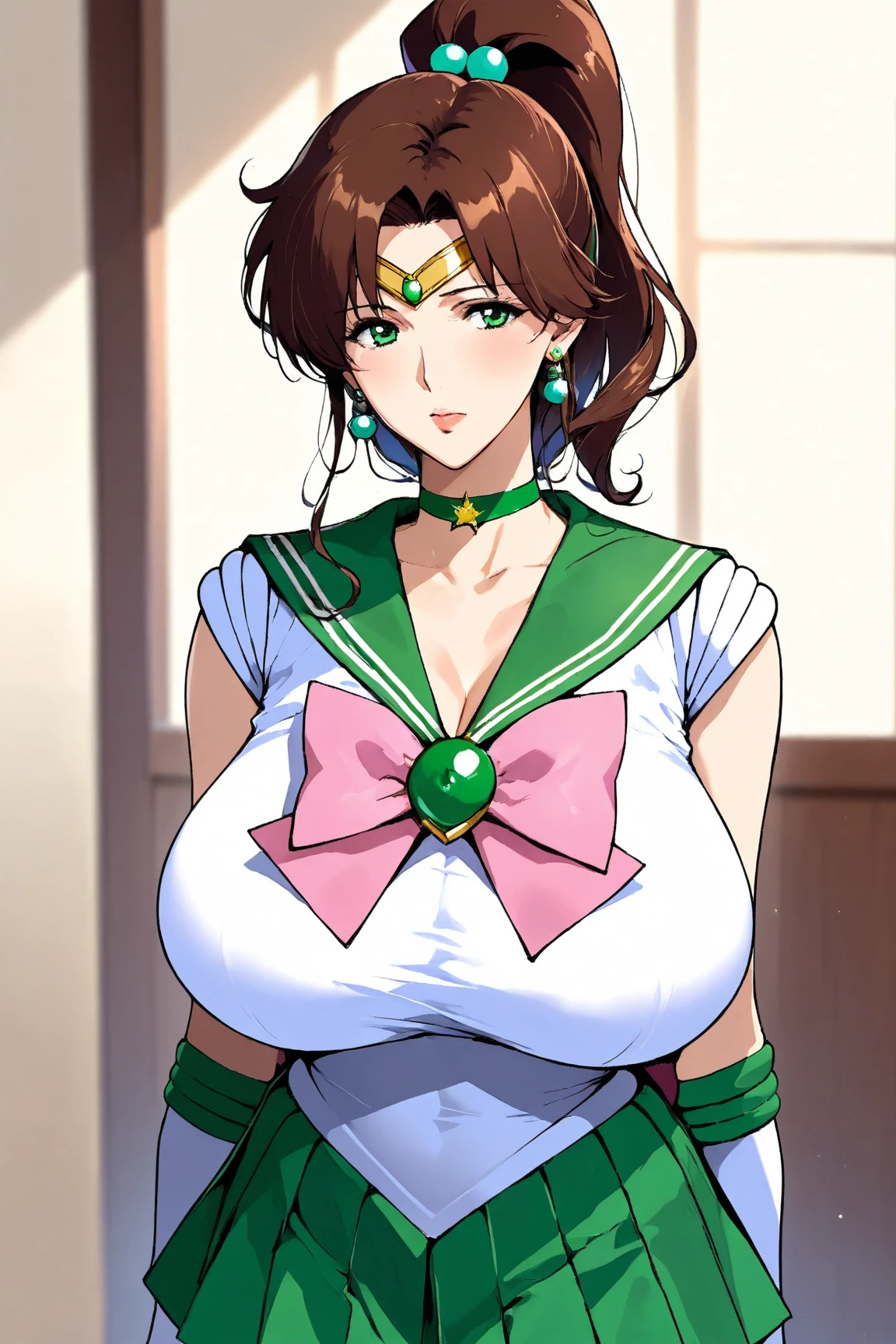 kino_makoto, huge_breasts, standing, solo, White_leotard_Green_sailor_collar_Green_miniskirt_White_gloves_Green_choker_Pink_bowtie_Pink_back_bow_Circlet_Green_brooch_Short_sleeves, masterpiece, best quality, detailed face, detailed eyes, highres,