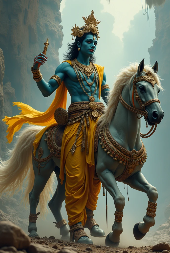 Lord Krishna in age with his beautiful smiling face and peacock feather in his hair and cyber war on white horse