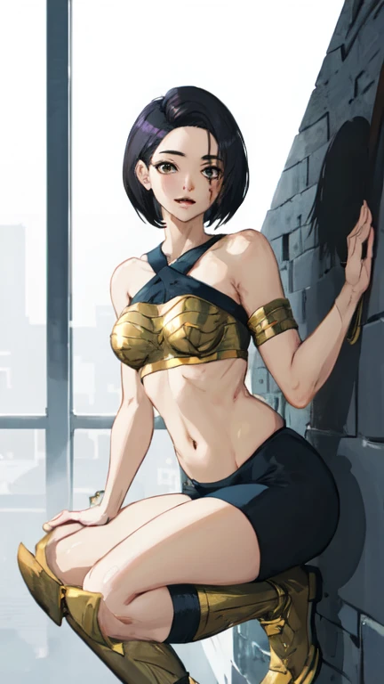 best quality, (masterpiece),(ultra-detailed), (high quality), (high resolution), <lora:artemisa:0.7>,1girl, artemisa, black hair, breastplate, breasts, closed mouth, crop top, dlh, holding medium breasts, midriff, navel, pants, short hair, shorts, solo, yellow eyes