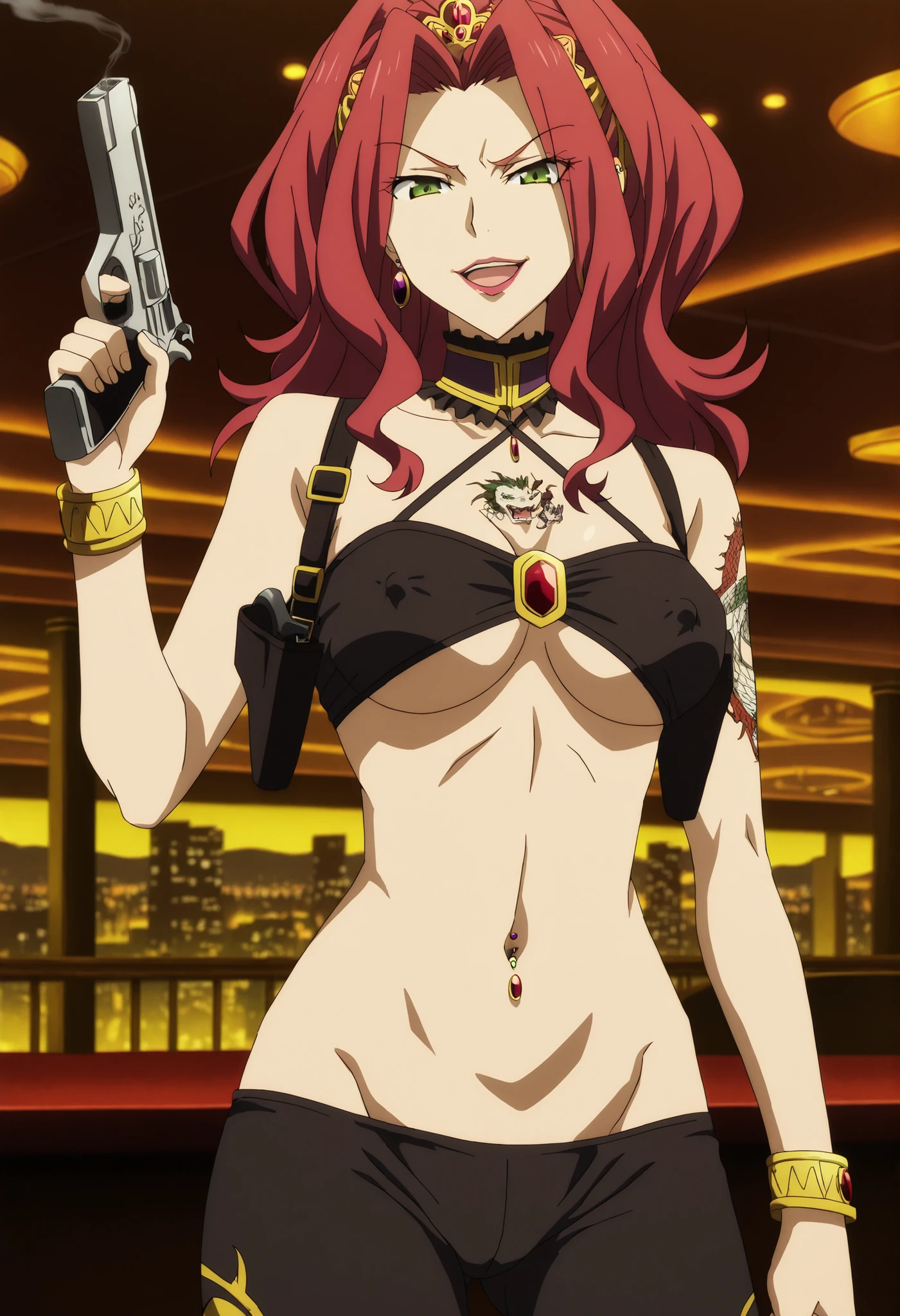Malty Melromarc (The Rising of the Shiel) beautiful body,athletic body, beautiful breasts, bracelets,ring,braceletes,collar,tiara,visible private parts , ultra detailed image, anime image ,girl, anime malty, medium Breasts, excitement, red hair, green eyes , long hair, ear piercing, long hair, , lipstick,Hot girl, baddie, smoking, bad attitude, mean girl, sensual, attractive, pull_down leggings,(show
off panties,:1.2, no panties),seductive smile,, BREAK, 1girl, , sexy girl, , (fit body:1.1),
BREAK, dragon print black leggings, covered nipples,, shoulder holster,,open mouth, bikini top,
underboob,,, dragon print jacket, criss-cross halter ,bar background, inside bar,indoors,
cityscape, casino, nightclub, city lights,, (nsfw) not safe for work,, navel piercing , holding
pistol,medium large breast ,looking at viewer , dragon tattoo on waist, narrowed eyes, tattoo on
waist, anipai_style , anime screencap , anime coloring, v-shape eyebrows,
