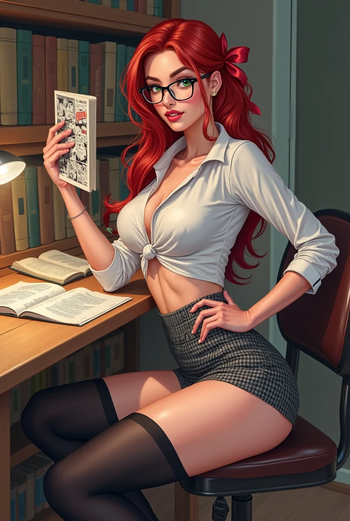 cartoon style:1.2), woman, Krista Allen, draw ART Artline, background a library with bookshelves, spanish woman, woman cartoon, sexy clothes , fearless and super brave girl , cartoon style illustration, cartoon art style, cartoon art style, digital illustration style, very detailed character design, cute detailed digital art, City fan art, portrait character design, linda digital illustration, High quality portrait, comic art, character design portrait, library background. Busty without clothes and very big breasts, perky tits, Cartoon style female character dressed as sexy schoolgirl, Catholic high school student, Beautiful character pose in erotic pose, dynamic sensual pose, wearing glasses, schoolgirl uniform, deep cleavage, very short tartan pleated skirt, white thong, long stockings, beautiful breasts, slim waist, perfect butt, perfect booty, well defined body, delicate and sensual, detailed pretty face, cute and gorgeous, perfect hands, perfect fingers, full lips, long hair redhead, 3/4 shot, rear view, upskirt, see booty, see butt, cartoon style, digital illustration, J. Scott Campbell style
