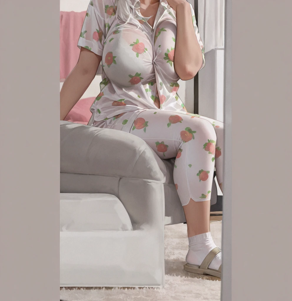 Magazine cover,1 beautiful white woman(Wearing pajamas),,(White skin),E7E48U，Sweating all over，Large Breasts,on the bed
