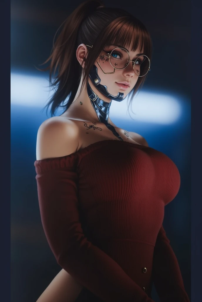 one-girl,circle glasses,Tattooed with, One-piece turtleneck white sleeveless sweater, Long white cotton socks, The lips are slightly open, Red-faced, Wet hair,Sweat all over the body,sit on a bed, crisp breasts, Convex buttocks, Grab your chest with both hands,Detailed background, Clothing details, perfectly proportioned, Multiple perspectives,filmgrain, Fuji colors, lightand shade contrast, tmasterpiece, high detal, high qulity, A high resolution, Cinematic lighting, 8K, Textured skin, Super detail