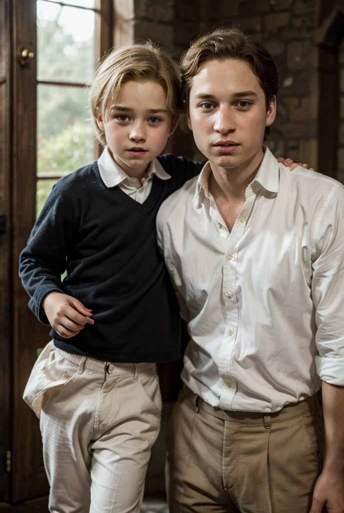 A 10 year old boy next to a large fireplace elegant and old white skin light blonde hair blue eyes fine features handsome boy shy look sad with fear and serious very elegant clothes fine London 