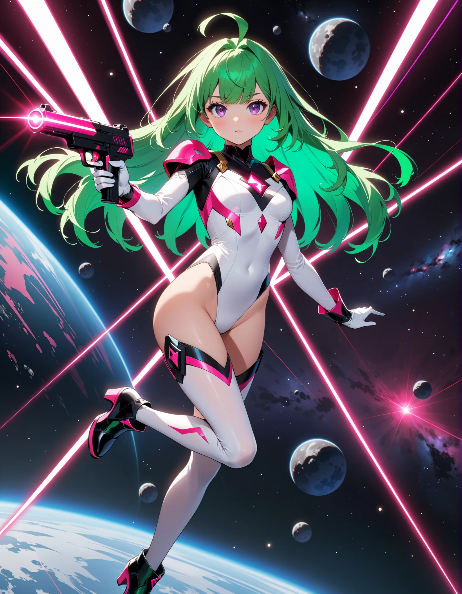 masterpiece, best quality, 1girl, solo, superhero, leotard, bare legs, matching boots, black boots, ankle-high boots, white thighhigh leggings, looking at viewer, looking at viewer, perfect hands, perfect eyes, perfect leotard, spacesuit, perfect legs, perfect arms, perfect fingers, medium breasts, white leotard, turtleneck, long sleeves, gloves, matching gloves, black gloves, (green hair), long hair, purple eyes, oval cutout, cute face, hair down, bangs, ahoge, holding laser pistol, floating, hovering, legs straight, outer space, cleavage cutout, (body infused with blue aura) serious, full body with costume