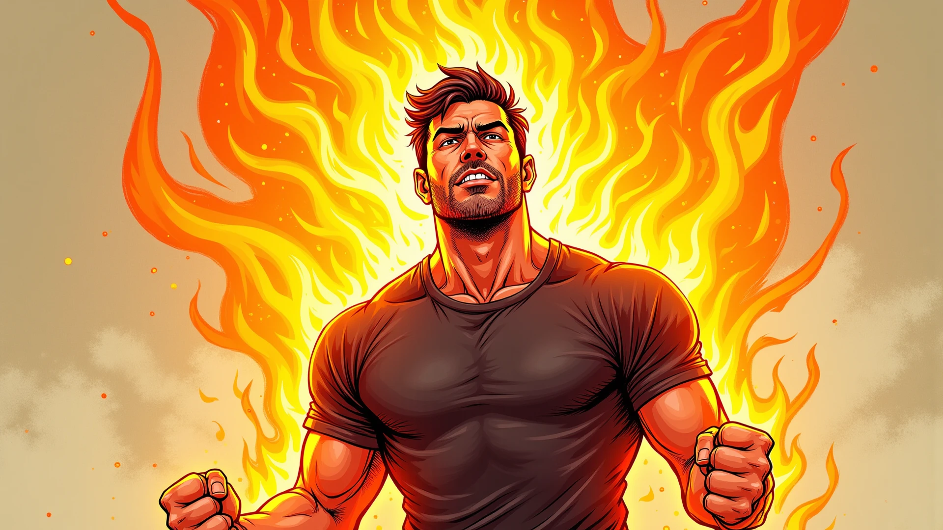 An illustrated movie poster, hand-drawn, full color, a male gluttony demon, 28 years-old, shirtless, covered in grease and motor oil, reddish skin, stocky physique, protruding belly, slightly chubby, deep brown eyes, wide bulbous nose, full lips, black hair, curly hair, thick bushy eyebrows, extremely hairy chest, stomach, and arms, lots of body hair, surrounded by fire, hard shadows, graphite shading, stencil markings, airbrushed acrylic paint, masterpiece
