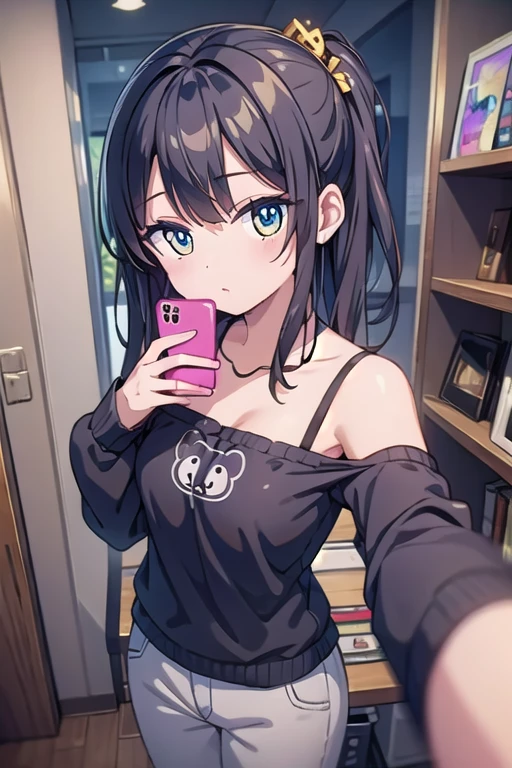 (hair slicked back),( parted bangs))(blue eyes))(medium breasts)((grinning, mischievous expression), smile)((ear piercing)necklace,choker,bracelet,)(hoodie jacket)((bikini))(((holding a smartphone,selfie)))(Commemorative photo)((ocean)(beach))(((clearly drawn face))((focus on upper body)))(beautiful detailed eyes, super detailed skin)(((masterpiece))), pullups, Dynamic lighting,((movie lighting)),((best quality)),((ultra-detailed))