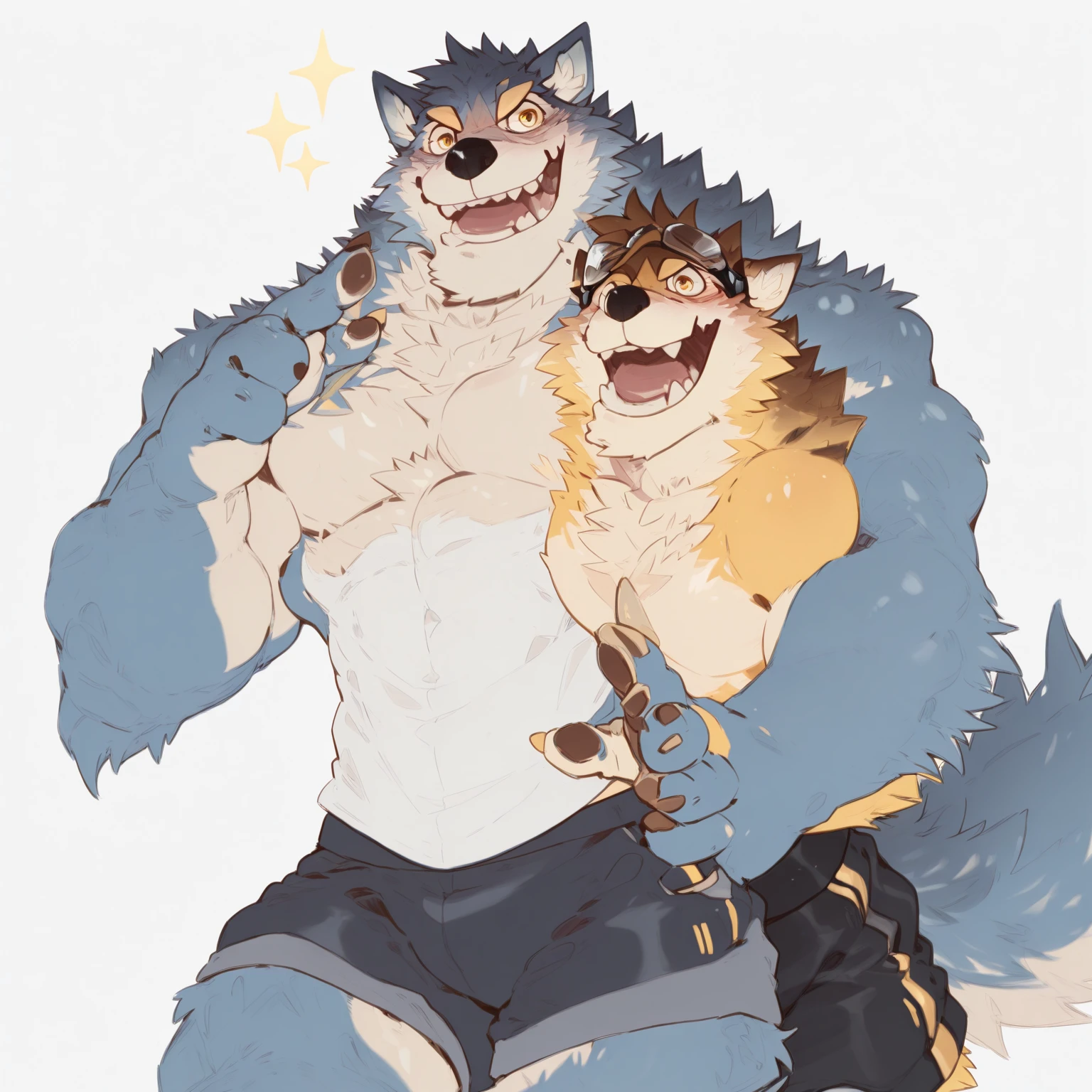Duos ,(anthro) wolf, shirou_ogami:1.8 (bna), adult, mature, masculine, slim:1.2, skinny:1.2, tall:1, (correct anatomy:1.2), vascular veins, (cartoon fur, detailed fur texture:1.3), topless, wearing big black collar (shirtless, shorts bulge , compression shorts), ultradetailed, (by wfa:1.2), (by takemoto_arashi, by vorusuarts, by Traver009:1, by grimfaust:1), natural lighting (tiny bedroom background), (sweat:1.4, wet:1.6), (lots of sweat flowing down) exhausted, wolf head ((open eyes, detailed):1.2), open mouth (steaming breath:1.2, drooling, dripping saliva, thick drool) tongue sticking out, (serious:1.4) expression), grumpy, sad, lying down, collapsed, defeat ,macro growth, giant size difference fullbody embarrassed face feet ,duos ,duo_focus,  tiny man ,giant penis cum everywhere,handjob ,kiss love , red blush on the cheek 