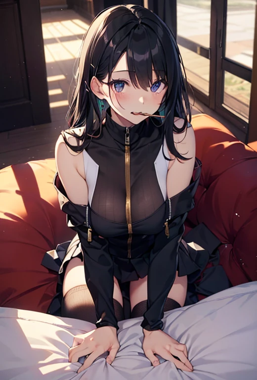 ultra-absurdres-Top quality by artist God, ultra-detailed, high resolution, anime moe artstyle, best anime 8k konachan wallpaper, pixiv contest winner, jav cover, perfect anatomy,break, 1girl, (Please draw a girl sitting on bed alone. )break,(Solo,little female, 11-year-old:1.3),Full limbs, complete fingers, cyberpunk, breasts, beautiful (well-shaped) breasts, groin, butt, trembling butt, small black eyes, beautiful detailed eyes, well-proportioned iris and pupils, highres detailed hair, expressionless, sweat, (bodysuit, plugsuit), (Detailed Lighting), (Detailed background),sex toy, ((vibrator cord, implied vibrator, vaginal vibrator, vibrator under clothes, trembling, trembling motion lines,pussy juice)), motion blur, bed, in the bedroom.. break,super detailed skin, shiny skin, Best sexual lighting powered by famous artist, 8k,beauty illustration,photoshop_(medium),very aesthetic,break,((artist:rappa_(rappaya) )), artist:clamp ,artist:carnelian ,artist:kantoku ,