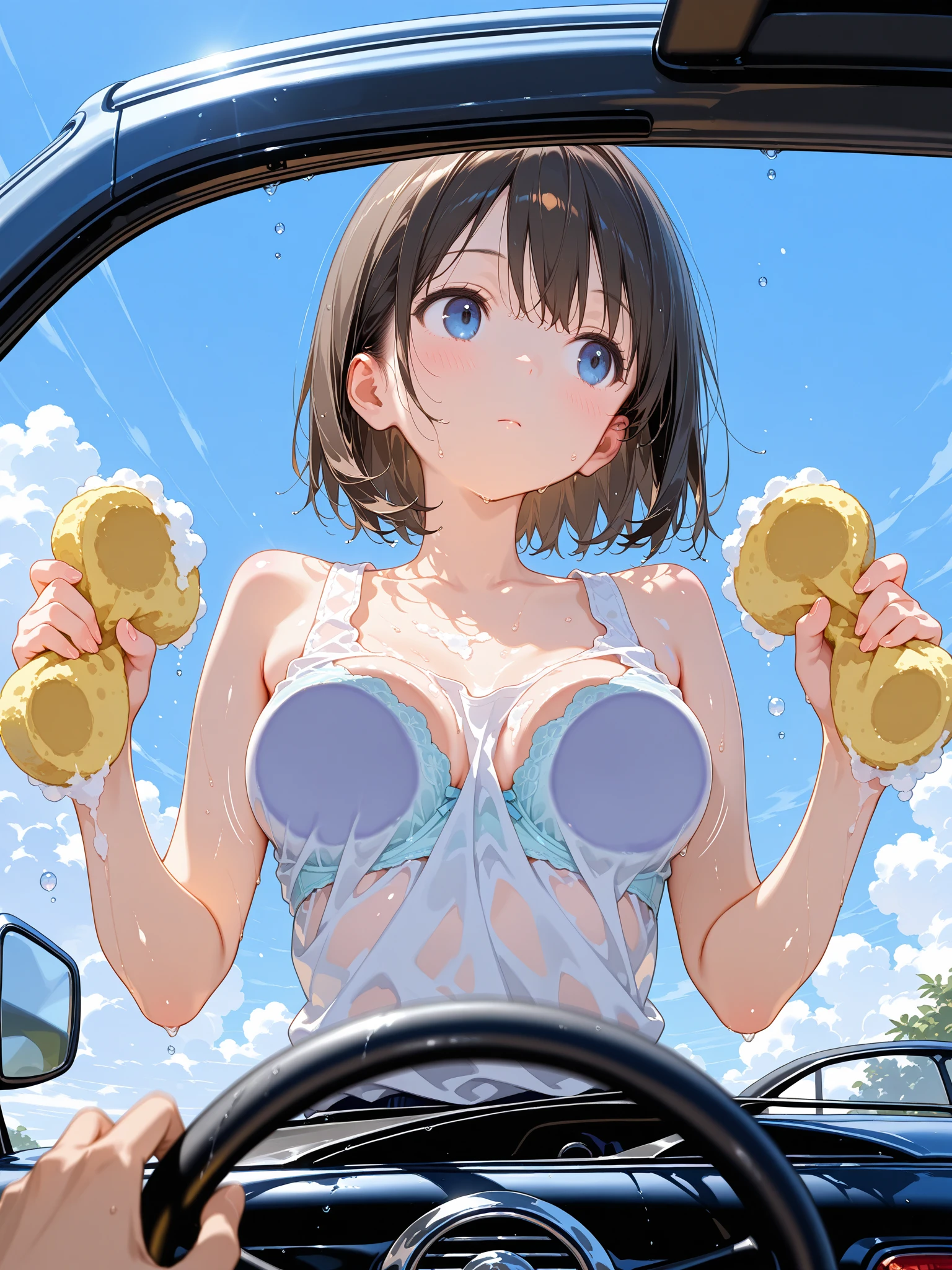(((((Completely naked Breast milk released from nipples))))) ((((In the car Showing nipples woman器を見せる Teasing the nipples)))) (((Gray Hair short hair blue eyes woman))),((sunlight)),(smile),Open your mouth Shining Background Shining Edges