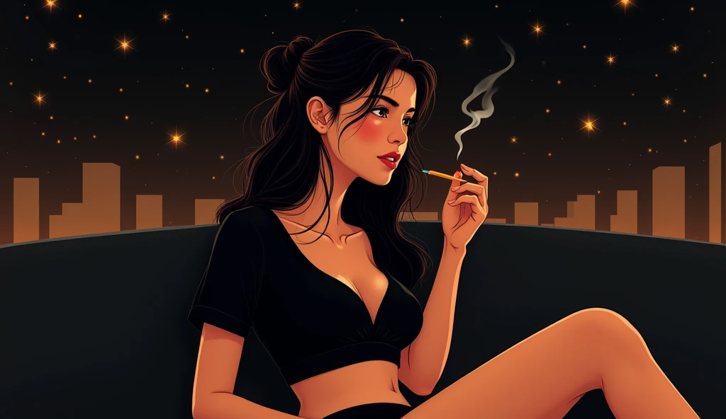 "Illustrate a realistic image of an incredibly beautiful woman, her face glowing with happiness as she smokes multiple cigarettes at once, releasing a large cloud of smoke. Her expression is peaceful, and her eyes are closed in bliss. The background includes a softly blurred image of a moonlit balcony overlooking a quiet cityscape, with the smoke drifting into the night air."