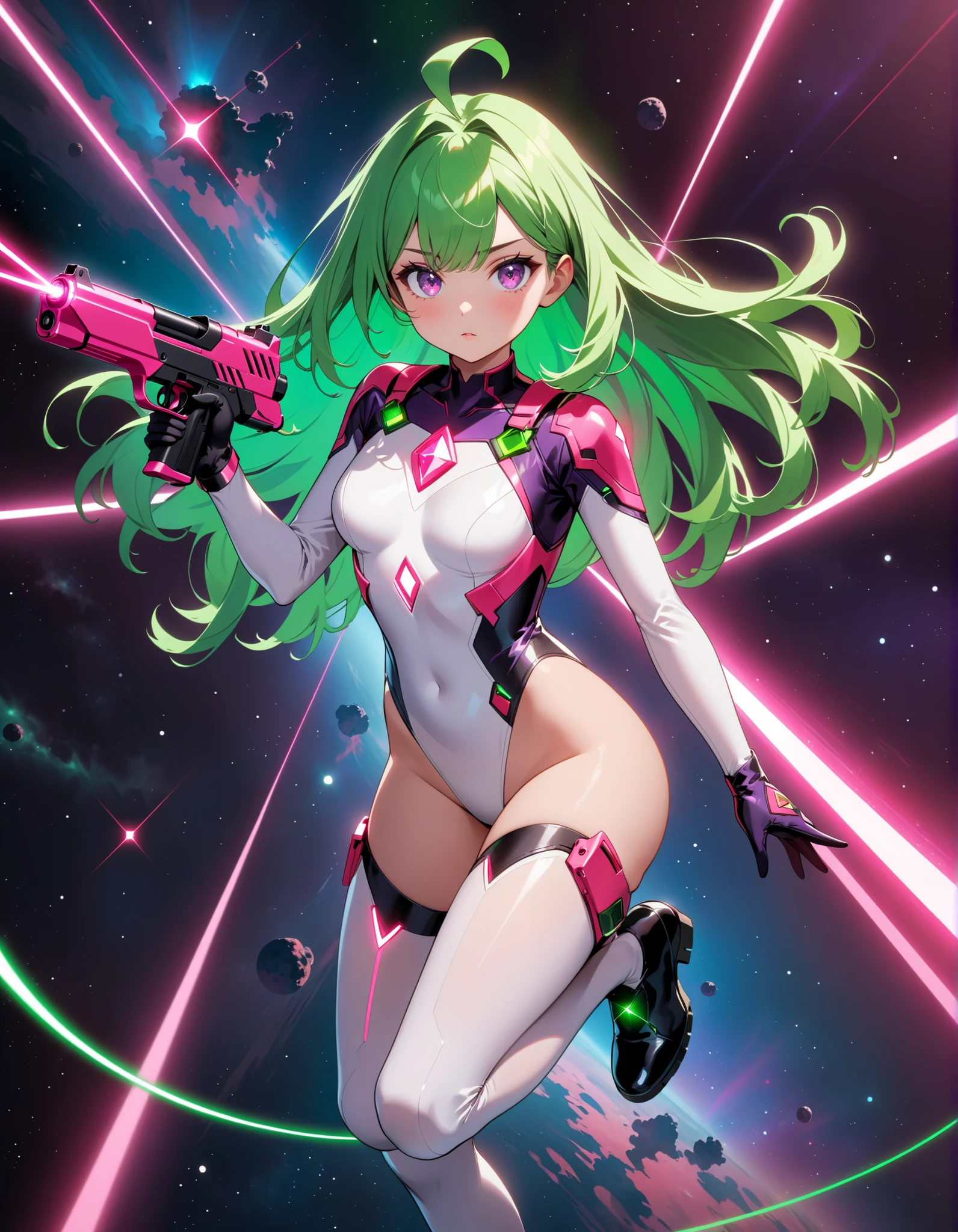 female, blue green long hair, green eyes, (((1girl))), (((dark pink sleeveless cybernetic bodysuit))), (cybernetic gauntlets), (cybernetic boots), (black belt), cute and sexy, big breasts, big butt, full body, long legs, smiling