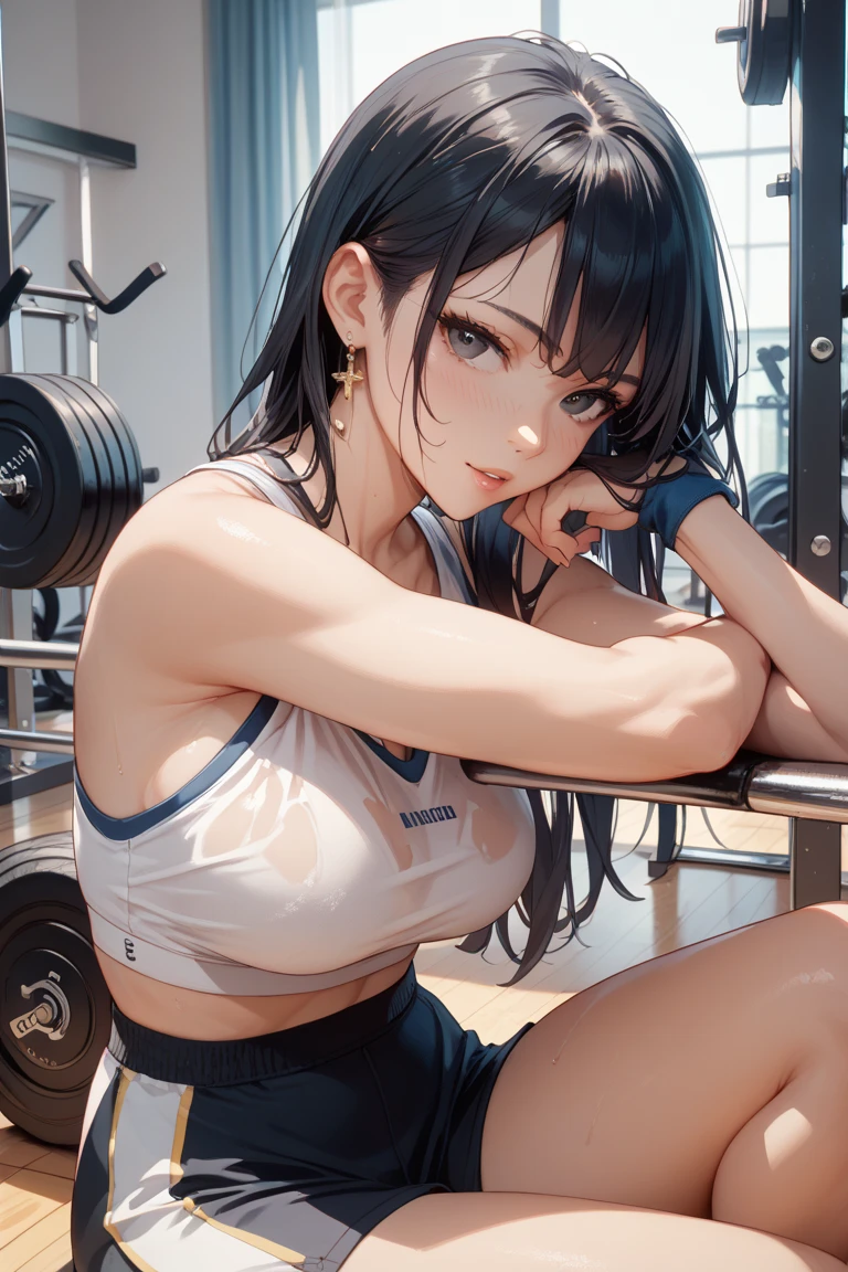 8k, highest quality, super high resolution, 1 female, 1980s pop culture anime style, 21 years old, (masterpiece, high resolution, detailed), Japanese, sweating, short cut, ponytail, big breasts (photorealistic): 1.4), (Famous Japanese Actress: 1.2), very beautiful, cute, professional photo, very delicate and beautiful, very detailed, very detailed beautiful girl, very detailed face, very detailed eyes, Very detailed skin, very detailed fingers, very detailed nose, very detailed mouth, perfect anatomy, realistic body, fair skin, glowing skin, slender body, good figure, looking at camera, smiling, cute Smile (Black Hair, (Ponytail, Beautiful Girl, Perfect Small Face, F Cup, Big Breasts, Best)) Masterpiece, Best Image Quality, High Resolution, Solo Performance, Beautiful Korean Woman Wearing Perfect Fit Fitness Wear, Toned Showing off his abs and curvaceous figure. White sports bra emphasizes his sexiness, voluptuous chest. White shorts reach 10cm above his knees, showing off his tan, athletic legs. Close-up focus: sweaty, muscular man, intense Let's take a break from exercise. Glowing when tired, his whole body was sweaty, glistening under the strong lights of the gym. His chest rises and falls with his breathing, his abs are toned and toned. Show off your body shape