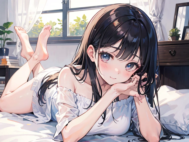 1 Girl, Black Hair, long hair, Sleep, Light Particles, wallpaper, Extra short hot pants，A young girl lies flat on the bed in the bedroom, hugging her knees and showing a cute expression in the sun. Close-up， best quality， 1 sister， solo， blouse， Denim shorts， Neck, clear and beautiful face、(Cute illustrations:1.2), High resolution, Extremely detailed, best quality, Awkward、(gap in shorts)、(Cute lingerie)，Cross your legs，Cute facial expressions，1 11-year-old girl，whole body, Paired with a short T-shirt, OK, Slim body, The bust is larger, Slim girl model, 14-year-old female model