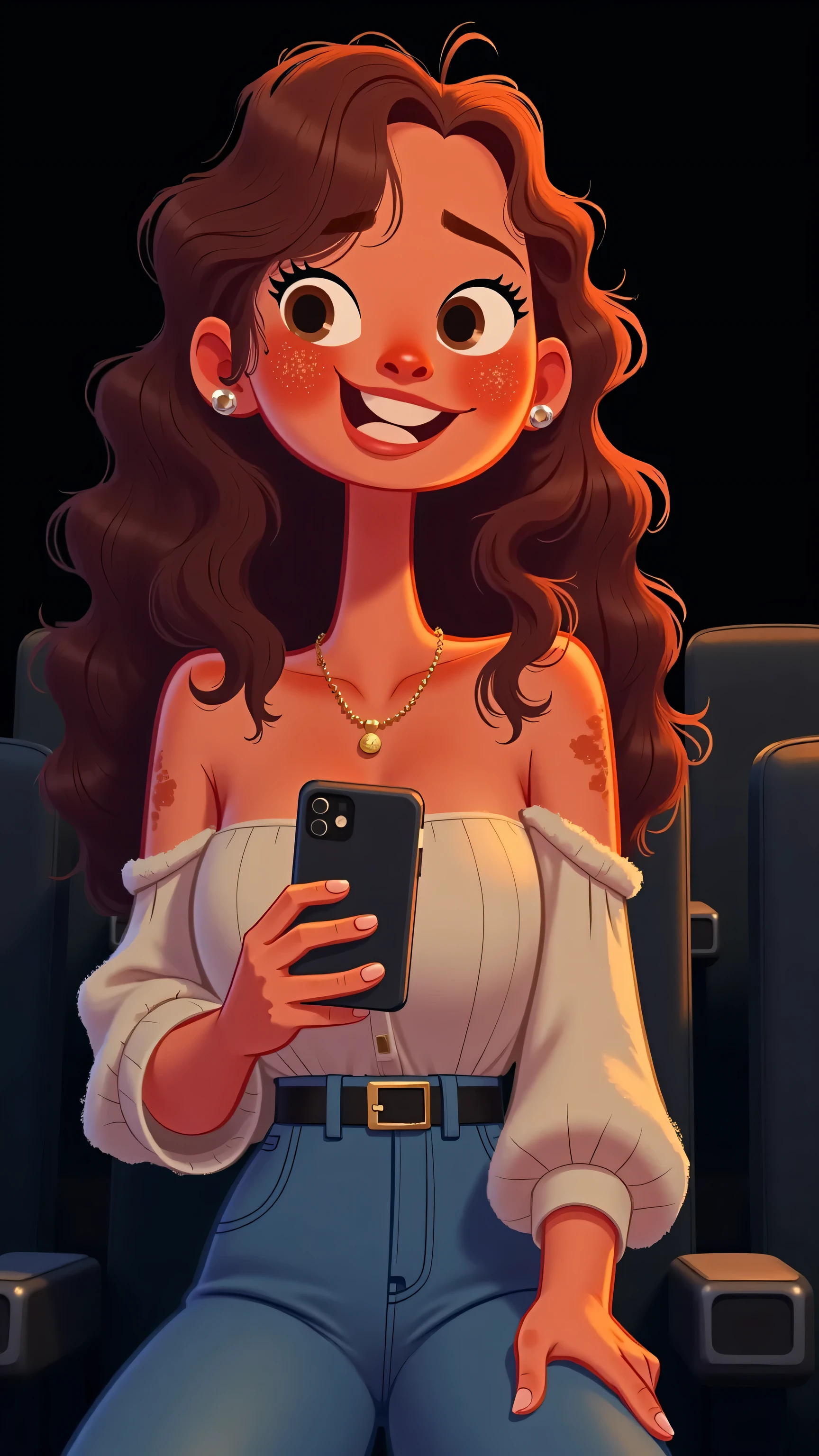 close-up,Portrait,a beautiful and elegant woman,long brown wavy hair,brown eyes,Wearing a white off-the-shoulder top and blue jeans,looks at the camera。She sat in a dim light,Smile and take pictures with your phone,Pose up for a photo。Black seats stretch out in a row,Full of audience。Cinematic atmosphere lighting, illustration style