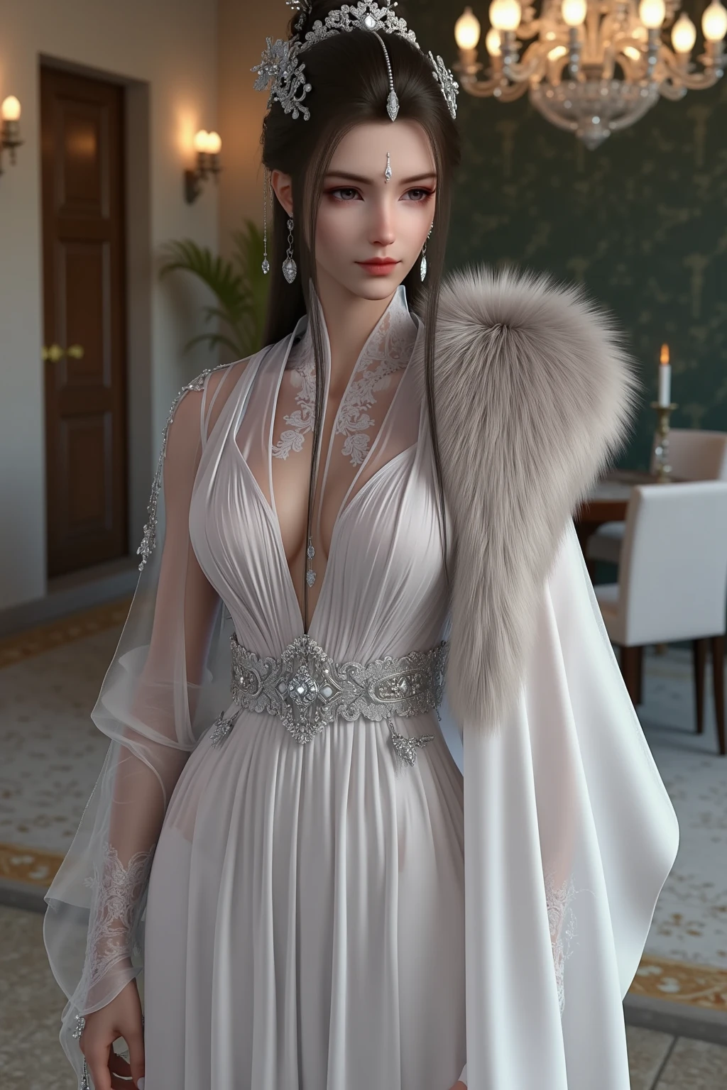 A lady with extraordinary temperament, she stands in a modern indoor space, as if she is a model from a fashion magazine. She is wearing a (pure white long fur cape), the softness and luster of which makes her look more noble under the light, and complements her (beige dress) underneath, showing her gentle temperament while maintaining a sense of fashion. The style of the dress is simple and generous, a perfect match, and it lengthens her figure, making her tall and charming. The lady's makeup is delicate and elegant, which just highlights her facial features and makes people unforgettable at first sight. Although the earrings and necklace she wears are not ostentatious, they add a bit of sophistication and nobility to her overall look. Her hair is casually draped over her shoulders, and every strand of hair exudes a natural luster,, (best quality,8k,highres,masterpiece:1.2),ultra-detailed,(realistic,photorealistic,photo-realistic:1.37),studio lighting,ultra-fine painting,sharp focus,physically-based rendering,extreme detail description,professional,vivid colors