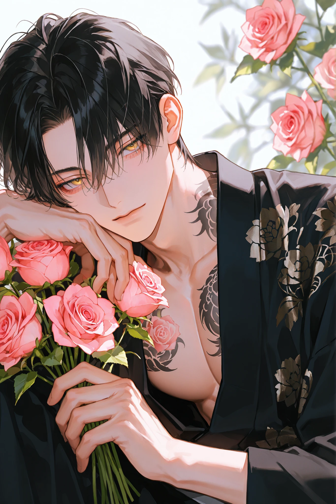 close up, (full of blooming pink roses, lush floral backdrop,background filled with flowers, Holding a Rich bouquet of pink roses), solo,1 man, Adult male, 45 years old, male, handsome man, masculine, sexy, languid, decadent, muscular, black hair, short hair, wavy hair, natural center-parted bangs, long bangs, messy hair, natural flow, loose strands, pixcut, golden eyes, slightly droopy eyes, sharp eyebrows, black yukata, black irezumi tattoo on chest and arms, many black irezumi, yakuza, no fangs, intricate details, finger detail, high resolution illustration, very aesthetic best quality、Good quality、 average quality 、 super detailed、 very beautiful、 absurd、 blurry background、 depth of field、 natural light、 soft lighting 、Good hands 、 detailed eyes on board、 detailed hair、sensitive, high resolution illustration, very aesthetic, detailed face, finely detailed beautiful eyes and detailed face, masterpiece, Top quality, High detail, 8k, Beautiful appearance, (solo), dynamic pose, dynamic angle