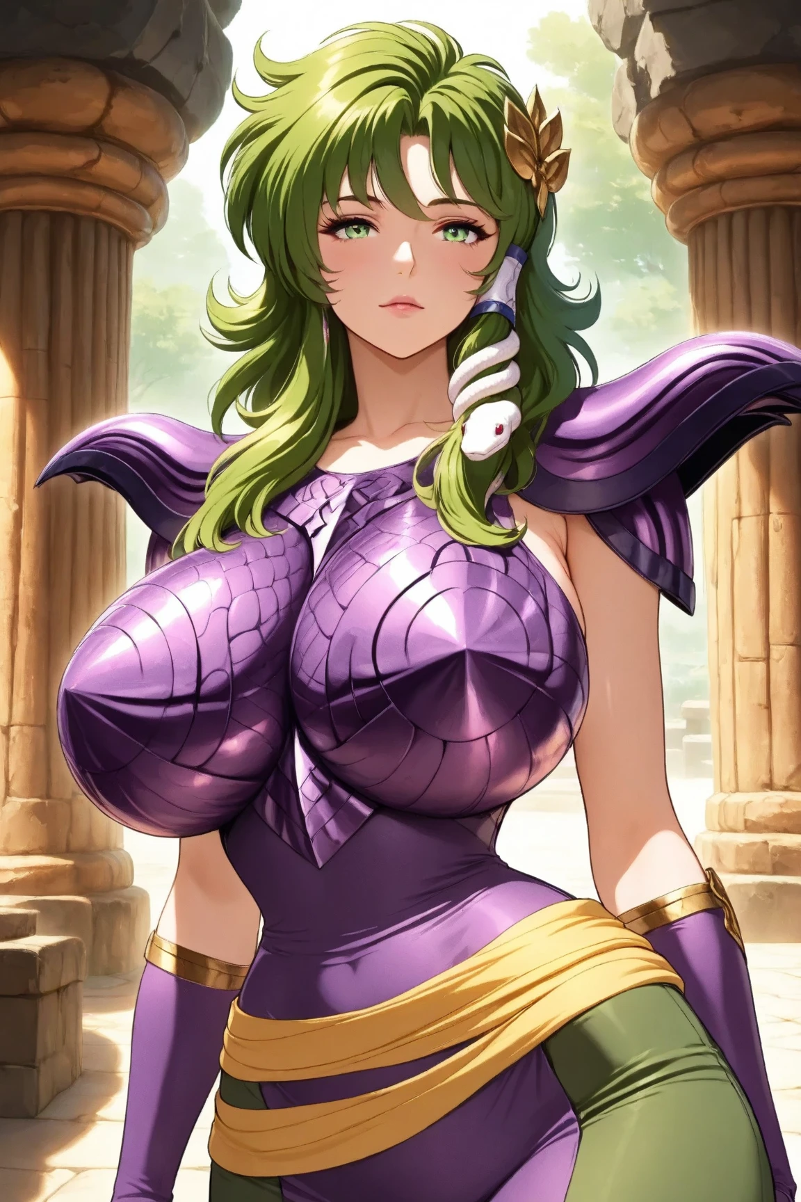 Female Combatant、Green haired Japanese girl、Close-up of a girl in a purple bikini、Purple shiny bikini、Black boots、A golden snake circlet on his head、Saiyan Girl, wonderful, Nano Girl, Female body type, Inspired by Hiromu Arakawa, Anime Manga Robot!! Anime Girls, Fubuki, Full Body Suit, by Hiromu Arakawa、wonderful, silk, Beautiful and attractive anime teen, Anime Girls of the future, tears,Drooling,Pee,Sweat,Tongue out,incontinence,Peeing、Estrus、Eyes wide open,Estrus,Blushing,Nipples are erect,Face is hot、Lust、incontinence、Armpit Hair、pubic hair、Anguished expression、Doomsday Demon