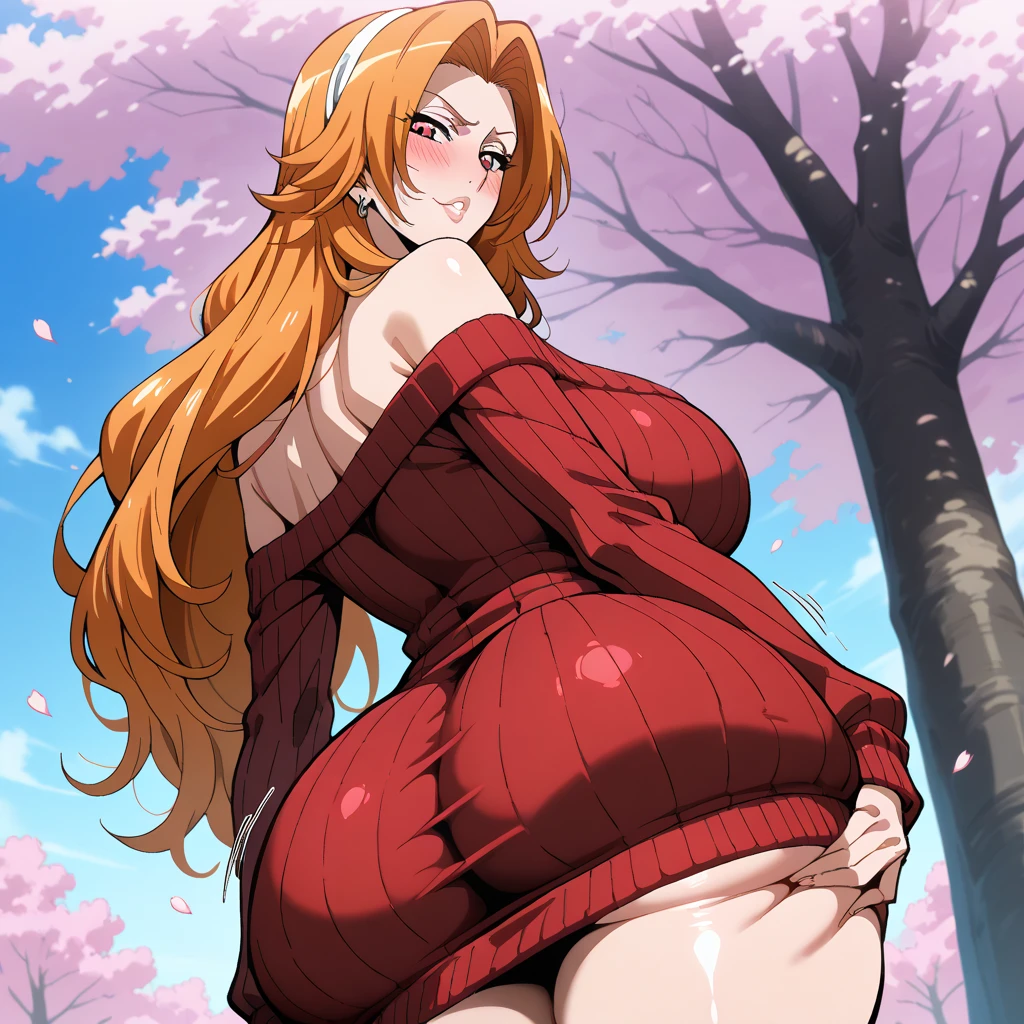 The image features a beautiful, anime-style woman with long, flowing hair, wearing a white dress. She is standing in a body of water, possibly a lake or a pond, and appears to be posing for a picture. The woman's dress is adorned with gold accents, adding a touch of elegance to her appearance. The scene is serene and picturesque, with the woman's graceful pose and the tranquil water creating a captivating visual. A mature, curvy woman with natural, saggy breasts, but with a perfect appearance. Her breasts are large, size 3, and measure 125.5 cm in circumference. She has a perfect body, with wide hips and a big ass. Her feline eyes are sharp and piercing. She is a milf with a voluptuous and attractive body. long flowing red and blue hair.
