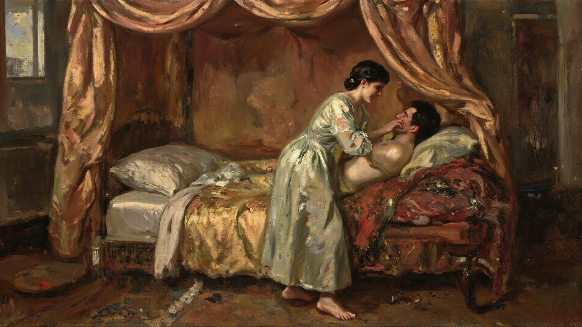 Painting, 18th century oil painting, ((young woman with tight hips)) (perfect body),(nude )(( Big and firm hips))((Back up, back, big hips, big thighs, four sides)on a bed, sex hungry , an old man trying to have sex