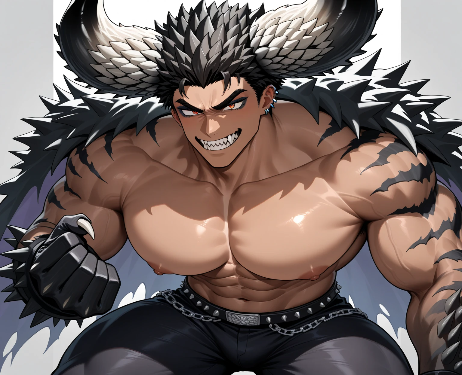 Dog, good looking, male, anthro, ultradetailed, muscular, solo, bareness, rippling muscles, muscles, simple background, white background, tail, serious, lying, open legs, pants, belt, black fur,