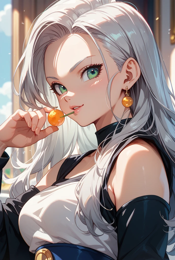 (best quality:1.1), (masterpiece:1.4), (absurdres:1.0), portrait, 1girl, (voluminous hair)+ , ((curly hair))++, long hair, ((dark skin))++, (((white hair))), (gold eyes), long hair, large breasts, (blush:1.2), smile, (big lips)+, (juicy lips)+, (blush), vibrant colors, eyeliner, lipgloss, blush, sidelocks, (black horns), shiny skin, (((fortune cookie)))++, (holding fortune cookie)