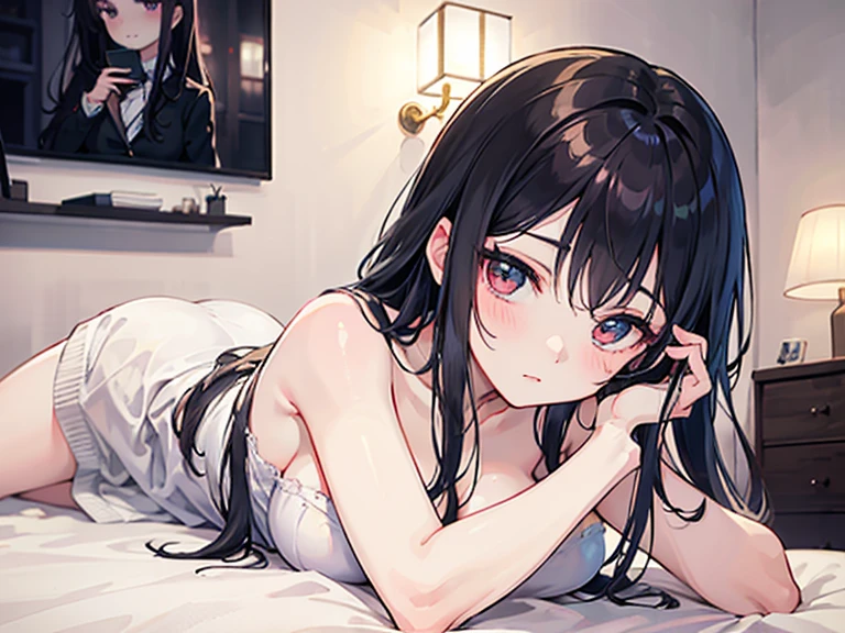 profile、Licking the walls、Put your hand in front of your mouth:1.5、、Fingers in a gripping pose:1.3、blush:1.5、、Troubled face1.3、Climax facial expression 1.3、Half a point.3、Hollow Gaze:1.3、Pure white skin、Dark brown long hairstyle、Adult face、Long face、High nose、Tall:1.4、High resolution eyes、Brown eyes、(light makeup、Light lipstick、Huge :1.2)、Thin eyebrows、Thin Necklace、Small earrings、Ticker, Very detailed、Written boundary depth、in bed at night、Hotel room at night、