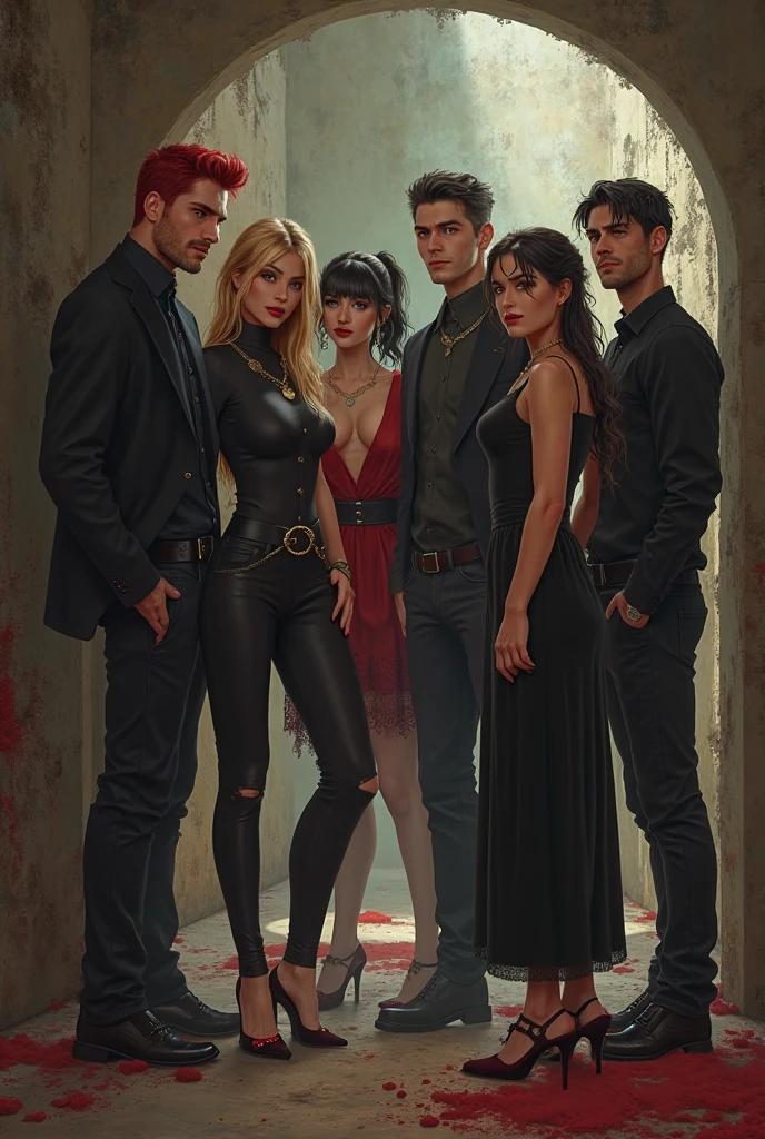 (Semi realistic style and fantastic )
---
**Center**: Main character, brunette, wavy hair, red dress. Young woman, gold accessories
**Right**:
- Mid-ground: Mixed-race woman, curly hair, black outfit. Young woman
- Background: White woman, straight hair, black outfit., mean girl, bad, young woman
**Left**:
- Mid-ground: Tall, muscular man, taper fade, wavy brown hair, black outfit. seductive, turkish young man
- Background: Platinum blonde buzz cut, brown eyes, pale skin, scars, black outfit. Young man
**Background**: Inspired by *Charmed* and *Twilight*,( semi-realistic style.)