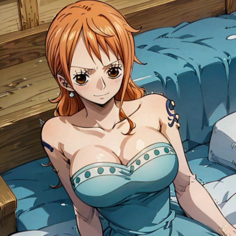 masterpiece, ((ultra detailed background, delicate pattern, intricate detail)), (highly detailed, fine details), best quality, beautiful lighting, ((medium breasts, slim girl)), NamiFinal, ((nude}), simple shirt, 1girl, orange hair, solo, long hair, jewelry, brown eyes, lewd smile, earrings, ((blue tattoo, left shoulder tattoo)),BREAK lying,bdsm,bound,shibari,shibari over clothes,bound torso,restrained,lying on side,arms at side,arms behind back,(((rope)))
