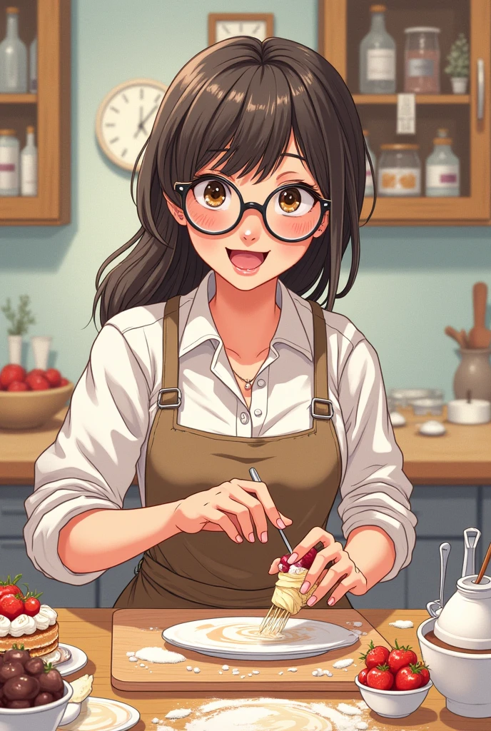 a woman with glasses , 55 years old, in apron , smiling and looking at the cake, while you finish your cake. a beautiful and detailed pink birthday cake, some kitchen utensils on the table, the place is a grocery store, with cozy decoration, the image must be cartoon style, watercolor