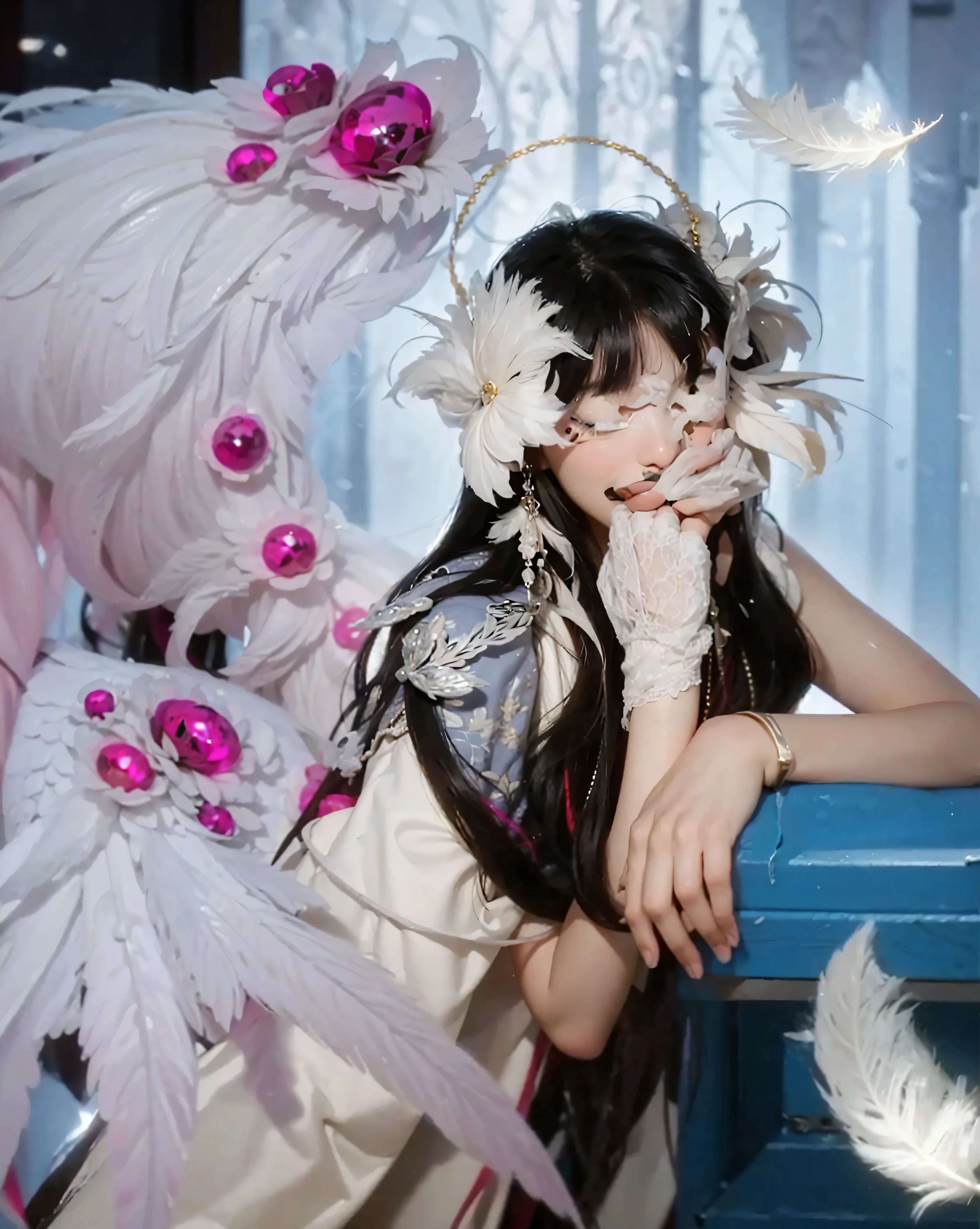 ((COLOMBINA_GENSHIN IMPACT)),((realistic, photorealistic)),(highlight hair)), Light reflection, (( HD )),((upper body)), (((best quality, masterpiece))), (masterpiece) (best quality) (detail) (8k) (HDR) (wallpaper) (cinematic lighting) (sharp focuasterpiece, best quality: 1.1), Real life adaption of this character, realistic outfit, realistic shadow, realistic light, realism, hyper realistic, realistic background,realistic hair,(photorealistic:1.2), (masterpiece: 1.2), (best quality: 1.3), (clear details: 1.3), ((((ultra-detailed)))), ((detailed eyes)), (extremely detailed face:1.4), (highly detailed eyelash:1.6), 1girl, (Realistic painting style:0.9), masterpiece, best quality, absurdres, looking at viewer, solo, 1girl, long hair, black hair, red hair, solo, closed eyes, eye_mask, head wings, hair ornament, blunt bangs, light blue spotlight shining down, feathers, dark, angel wings, falling feathers, evil, mysterious, over the shoulder pose, Ice background,, wind, smiling, jacket,White angel wings, white feather wings,Bloody eyes on his wings,Blizzard, fire butterfly, red thread (perfect hands, perfect anatomy)