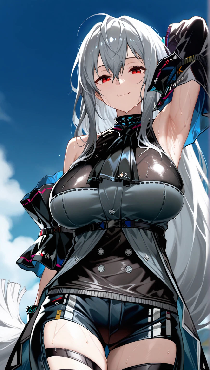 best qualtiy,tmasterpiece,The is very detailed,4K,Gray hair and shallow eyes,Drag cool expressions,Wolf ears,Erect scar on the left eye,British style,1girl,Absolutely beautiful, huge breasts, white costume, animal ear Scrunchie