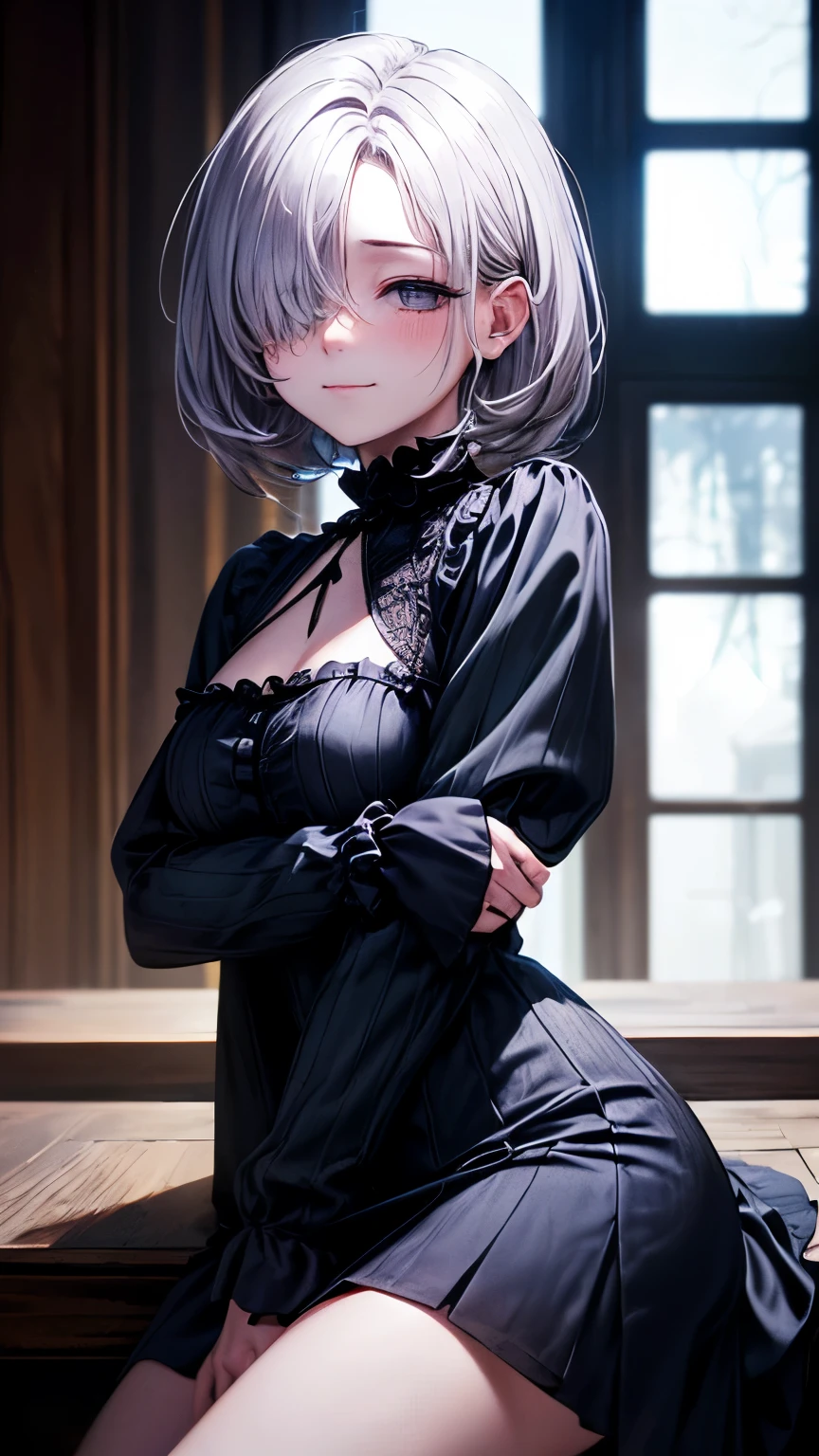masterpiece, Highest quality, High resolution, One girl, alone, Anastasia (Idol Master), Idol Master cinderella girls, blue eyes, short hair, Grey Hair, Black Dress, Cowboy Shot, , upper_body,