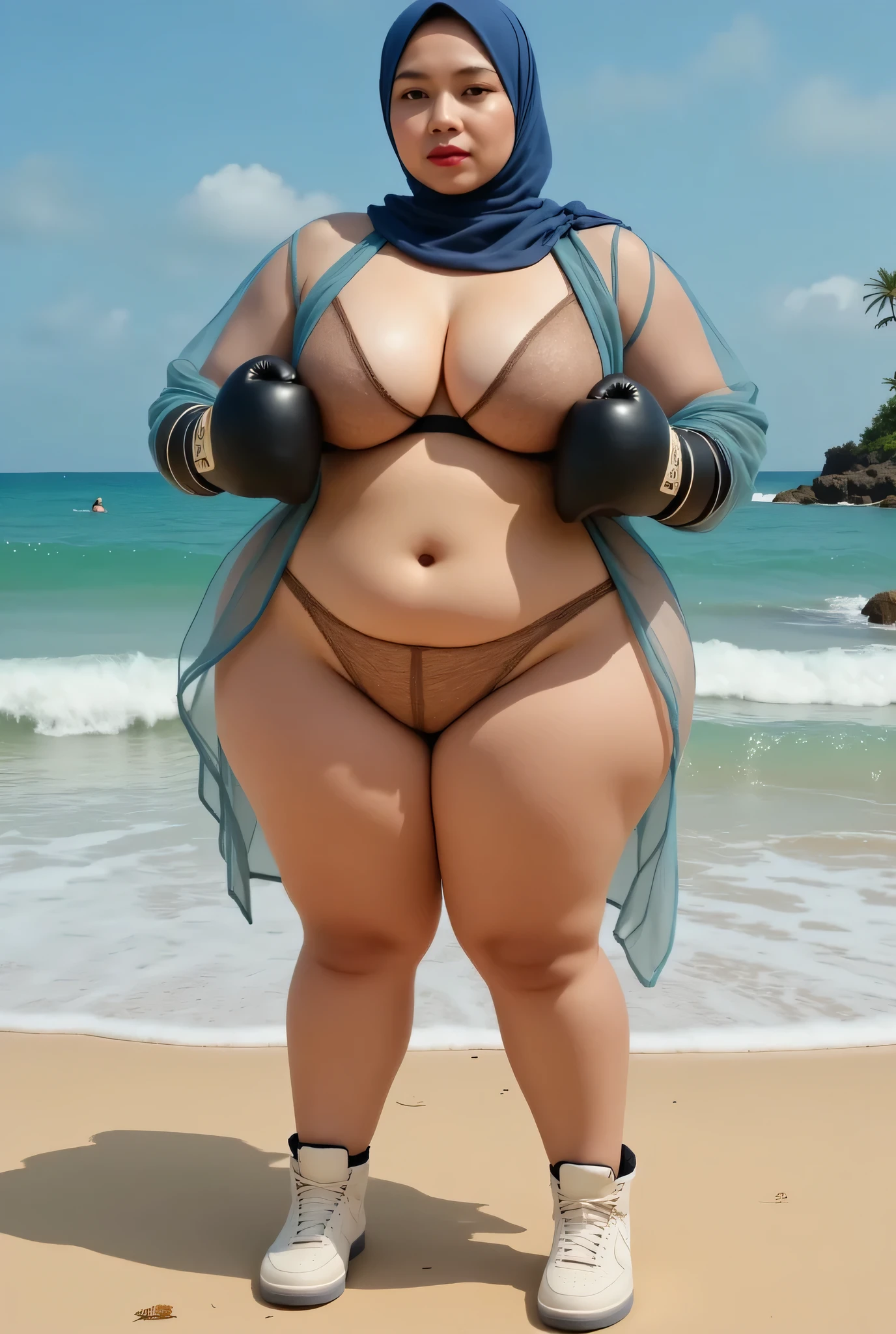 Chubby, black niqab, malay woman, orange bikini, wet, bathroom, shower, orange, blue background, thick thigh