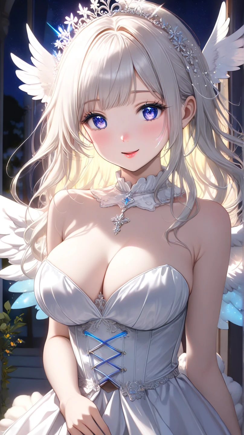 ((masterpiece, sidelighting, finely detailed beautiful eyes: 1.2)), ultra-detailed, ultra high res, professional lighting, high quality makeup, beautiful detailed eyes, sexy, beautiful, big eyes, (drooping eye:1.2), seraph, solo, alone, slender body, (Circle of Angels:1.1), (Angel Wings:1.1), blue sapphire eyes, wide sleeves, outdoors, highest quality, ultra detailed, Soft light, (rime:1.3), Extremely cute, (extremely detailed beautiful face), Authentic skin texture, beautiful hair, beautiful face, beautiful eyes, beautiful body, beautiful hands, (face focus, grin from, breast focus:1.6)