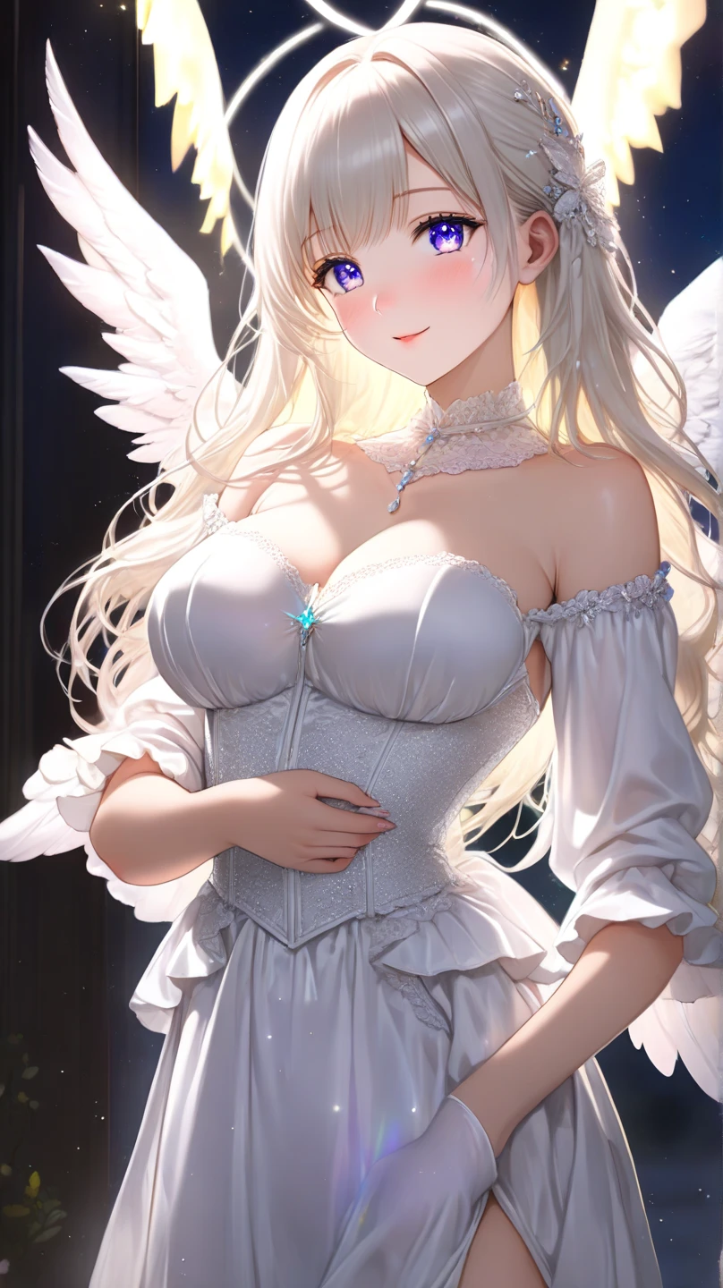 masterpiece, Angel Girl, Blonde with wings, White dress with feathers, Close-up portrait, Delicate face, Lots of feathers, silver