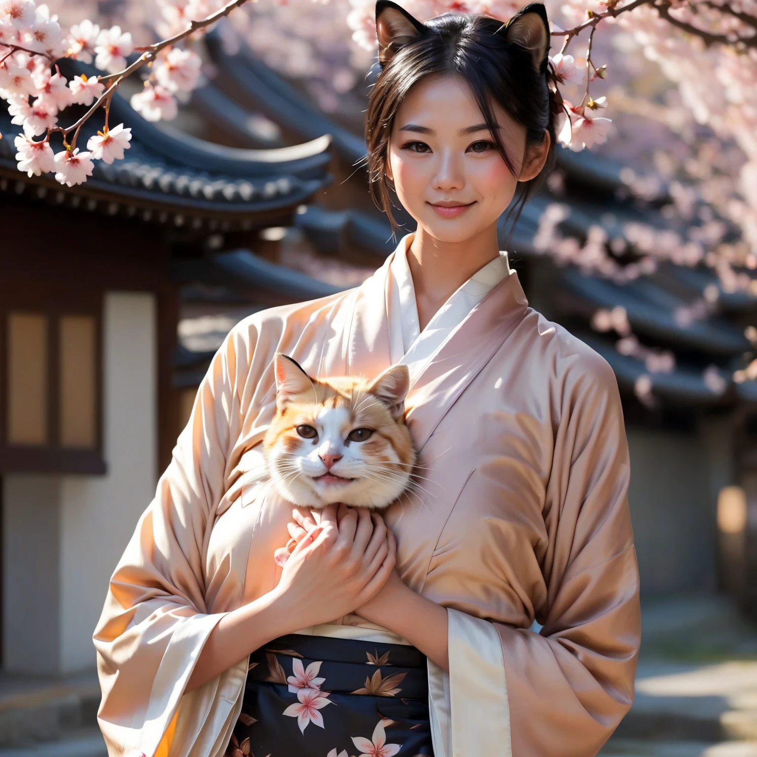 A smiling cat, surrounded by cherry blossoms, stands strong in the midst of a cherry blossom storm. The cat's eyes sparkle with joy and mischief, while its lips curl into a delightful smile. Cherry blossom petals dance around the cat, creating a whimsical and magical atmosphere.
The cat is adorned in traditional Japanese clothing, wearing a colorful kimono with intricate patterns and elegant embroidery. The kimono drapes gracefully around the cat's body, adding a touch of elegance and sophistication to its appearance.
In the background, a vibrant Cat Society comes to life. Cats of different sizes, shapes, and colors gather together, engaging in various activities. Some cats are playing with cherry blossom petals, while others are engaged in lively conversations or chasing butterflies. The scene exudes a sense of camaraderie and celebration.
The image quality is of the highest standard, with a resolution of 4k or 8k, ensuring every detail is captured with utmost clarity. Each element in the image is rendered with ultra-detailed precision, enhancing the overall realism. The lighting is beautifully executed, illuminating the cat and the cherry blossoms in a soft and flattering manner. The colors used are vivid, enhancing the enchanting atmosphere of the scene.
The artwork is inspired by traditional Japanese ukiyo-e prints, incorporating elements of Japanese folklore and culture. The strokes and textures emulate the techniques used in the medium of painting, creating a visually stunning piece.
Overall, the prompt generates a breathtaking image of a smiling cat amidst a cherry blossom storm. The combination of traditional Japanese clothing, vibrant Cat Society, and impeccable artistry results in a masterpiece that captures the essence of joy, beauty, and tradition.