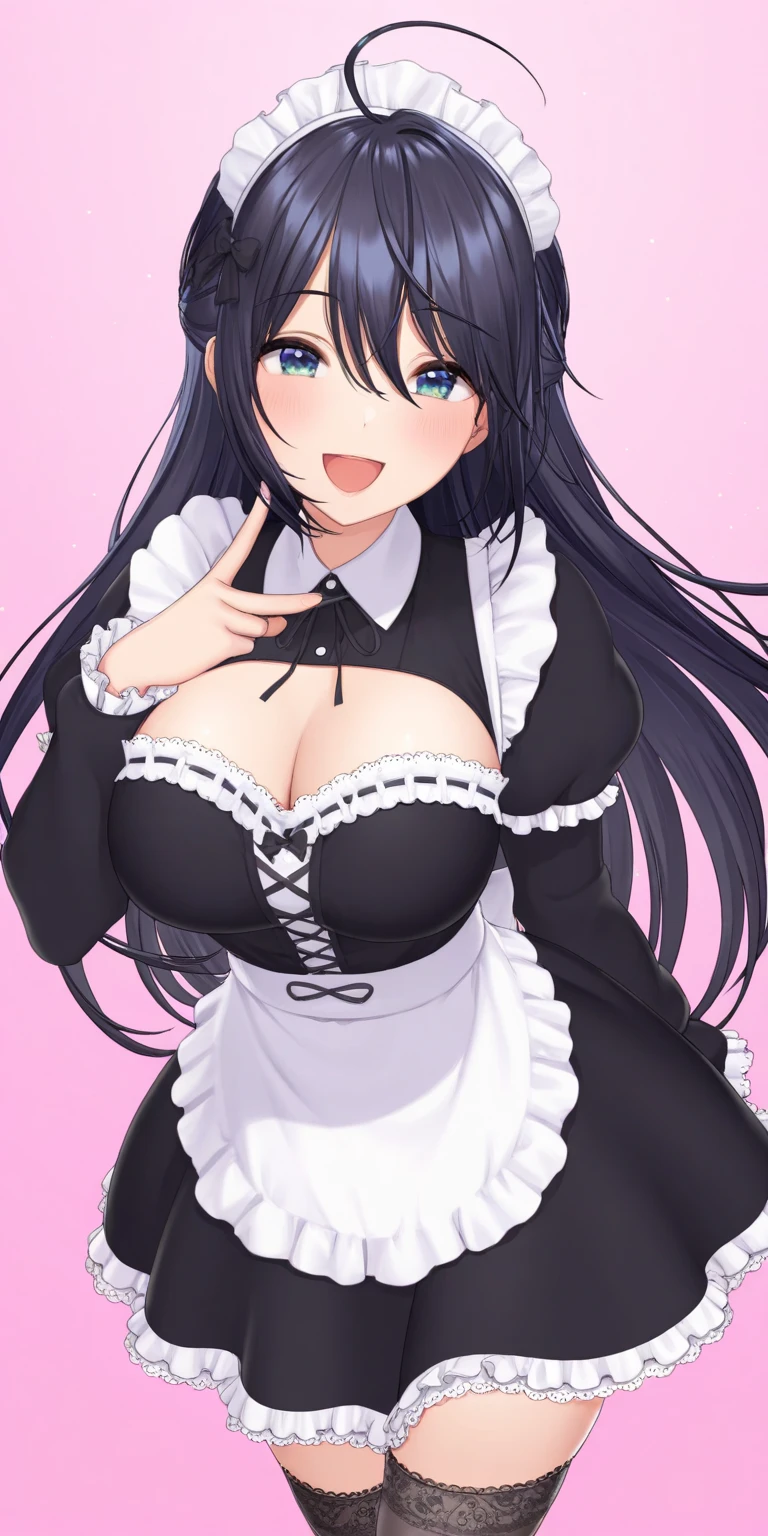 Maid, sexy body, big breasts, cleavage, big hip, stockings, garter belts, blushing, smiling, beautiful face, detailed face, detailed eyes, long black hair, blue eyes, full body, high quality, bedroom, dildo