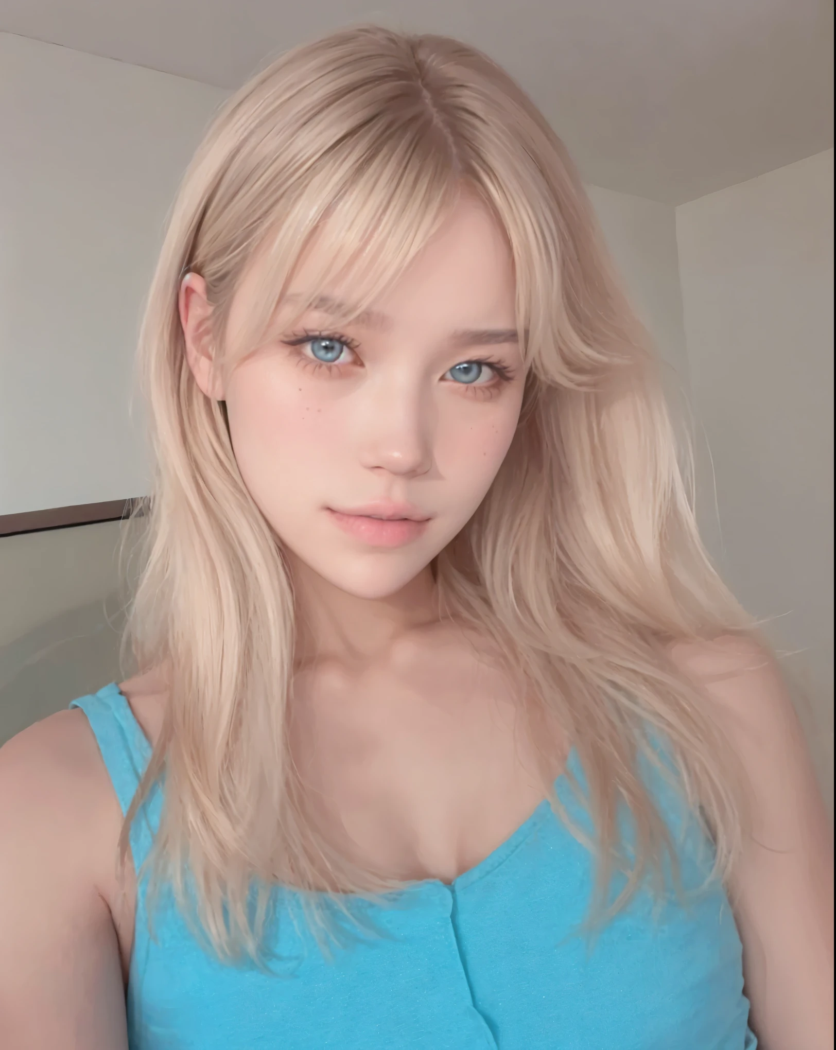 best quality, beautiful, Curvy Body, 22 years old woman, chuckle, long hair, blonde hair, Double eyelids Eyes, Twinkling Eyes, looking at viewer, Pencil-thin Eyebrows, Pointed Nose, Glossy Mouth, jeans, tank top