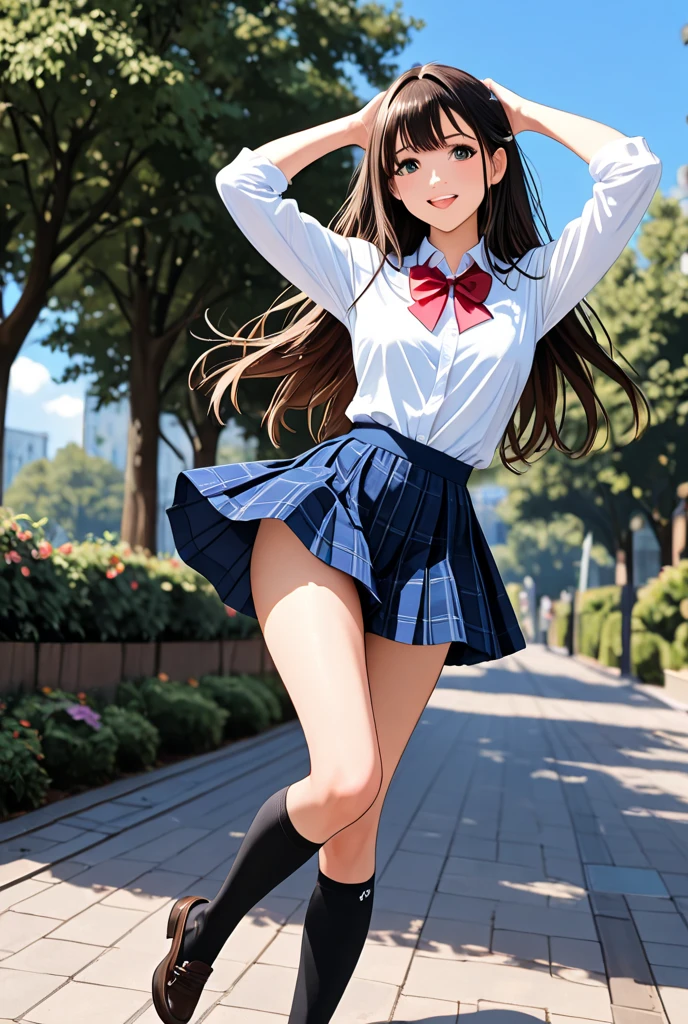 very cute and beautiful girl,(highly detailed beautiful face),(smile),blush,cowboy shot, (white blouse with detailed frills),long sleeve BREAK standing,(from behind,looking back),leaning forward,Pull down white panties　、No panties ,looking at viewer, hair ribbon,black hair,(scarlet plaid mini skirt:1.15) BREAK flower garden,grassland,countryside,fence, (best quality,masterpiece),absurdres,highres,ultra-detailed,extremely detailed,32k,8k resolution, intricate details,cinematic scene,detailed background,solo,dynamic angle,