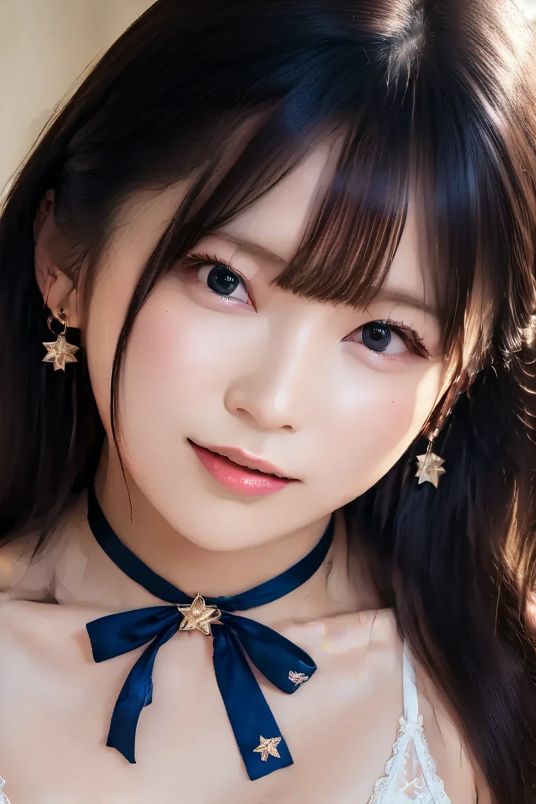 whole body、front、smile、white underwear、long hair、soft face、black hair、8K resolution、surreal、super fine、 ((highest resolution、8K、masterpiece:1.3))、super fineな顔、super fineな唇、fine eyes、double eyelid、front:1.0、whole body:1.2、cute