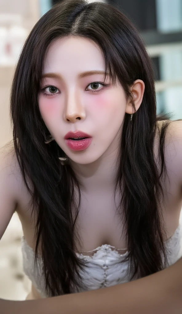highres, masterpiece, perfect lighting, bloom, night, (cinematic:0.9) lighting, perfect skin, female, soft light, (looking at viewer:1.2),yangmi
eyeliner, realistic skin,beautiful face,realistic eyes, perfect detailed face,
realistic, (photorealistic:1.2),
sitting, ((view from above)),
mesh camisole, indoor, dusk, low light
small tongue, short tongue, long tongue out, licking lips, wide open mouth