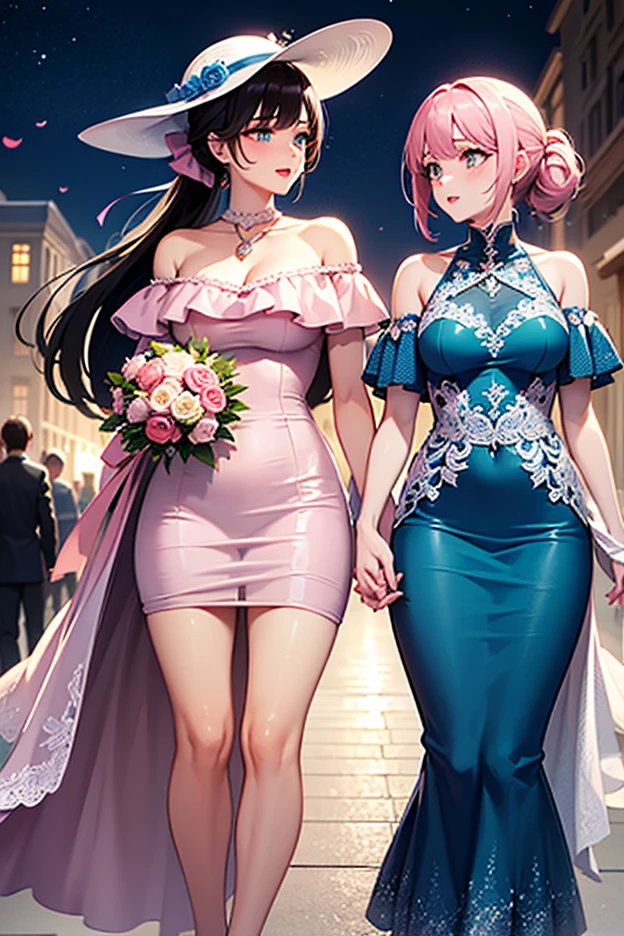 Highest quality、High resolution、Detailed Background、Beautiful face in every detail、Normal number of fingers、Highly detailed face、Detailed eyes、Beautiful women in their 20s、Perfect body line、Light color hair、Bobcut、Wavy Hairstyle、well-groomed eyebrows、mysterious、romantic、Dress with confidence、Feminine delicacy、Model pose、
(Two beautiful models smiling broadly at a night party:1.5)、
Tops and dresses that reveal skin、Off-the-shoulder, deep neckline, backless、Lightweight and see-through materials、Sexy one piece、Body-conscious designs and those with slits、Open back and side design、Enhance your sexiness、Pair with heels or strappy sandals、Her feet are sexy too、very beautiful