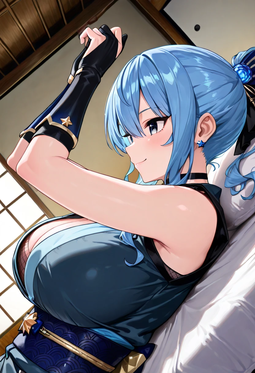1girl,solo,super detailed skin,shiny skin,wet oily skin,expressionless face ,eyelashes,lips gloss,pale blue hair,short straight hair,sidelocks,large breasts,Japanese armor , Japanese chest armor ,knee up,wide-angle lens,panties,arms up,on back, cowboy shot,simple background ,masterpiece,best quality,ultra detailed,high resolution,sharp focus,depth of field